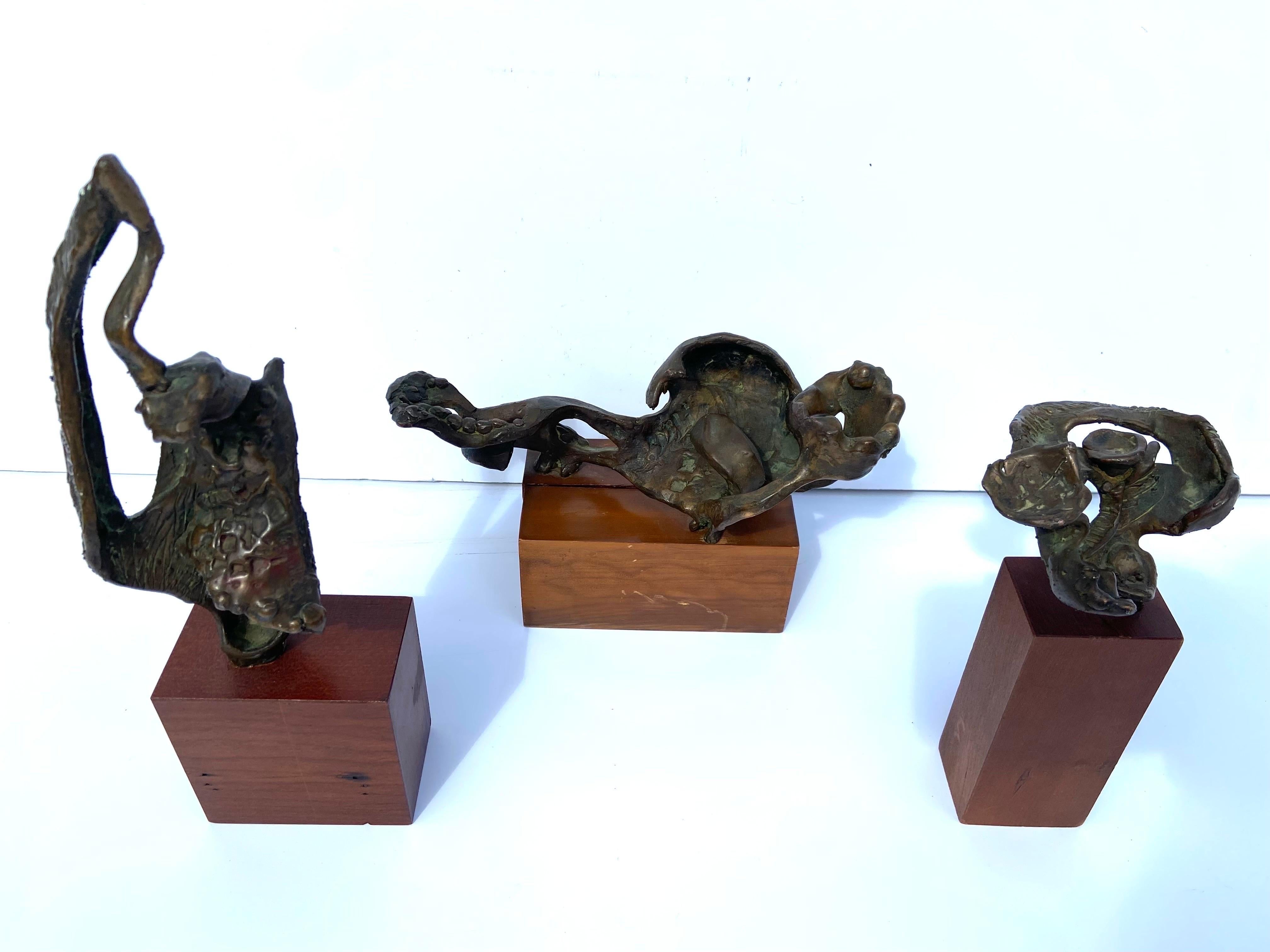 A 20th century era trio of brutalist / abstract style bronze sculptures on wood bases. Each of these sculptures has a strong texture as well as a free flowing form. As though caught in a transition from one shape to another. The pieces are unsigned.