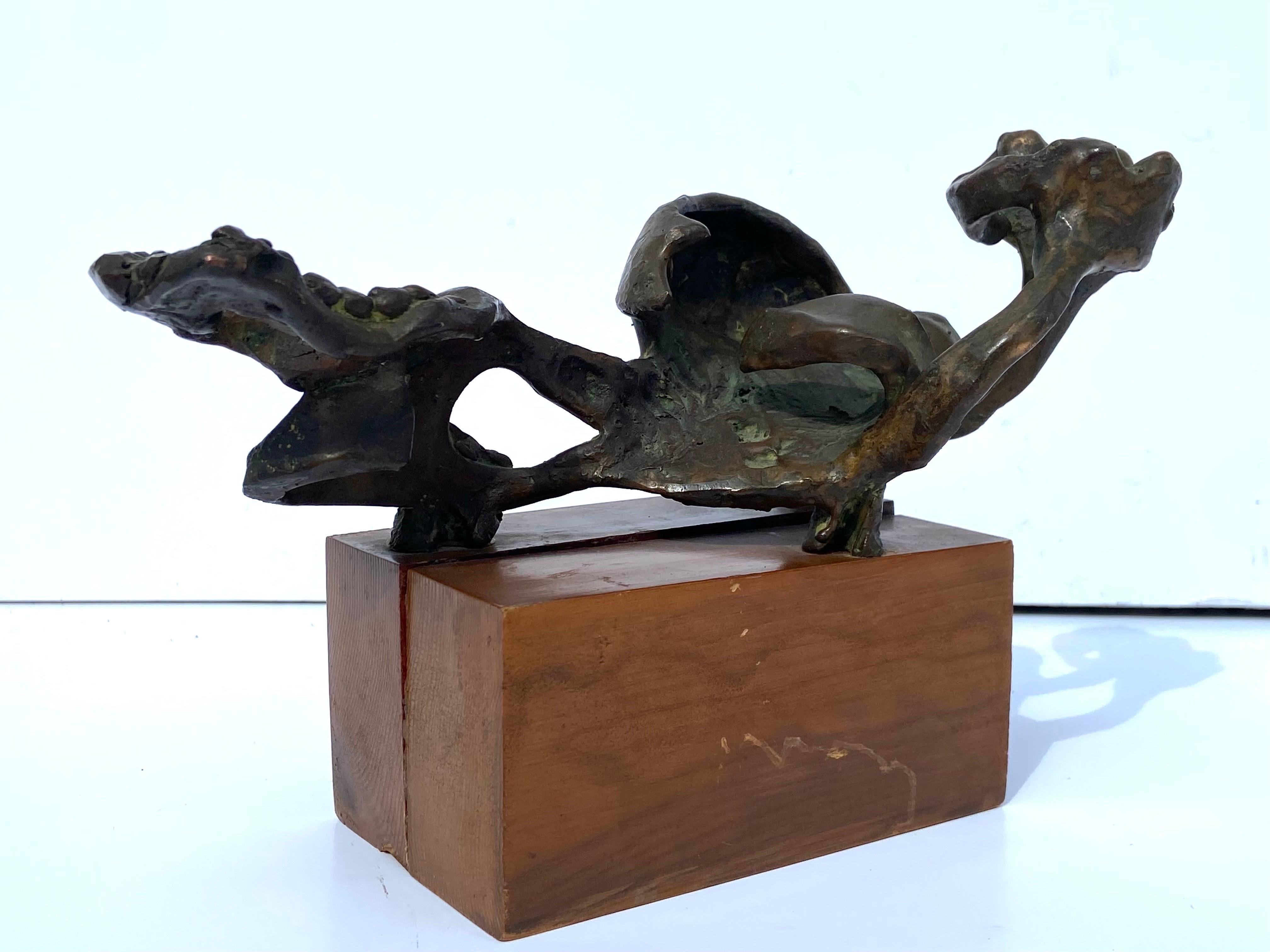 Set of 3 Brutalist Abstract Vintage 20th Century Bronze Sculptures on Wood Bases In Good Condition In Atlanta, GA