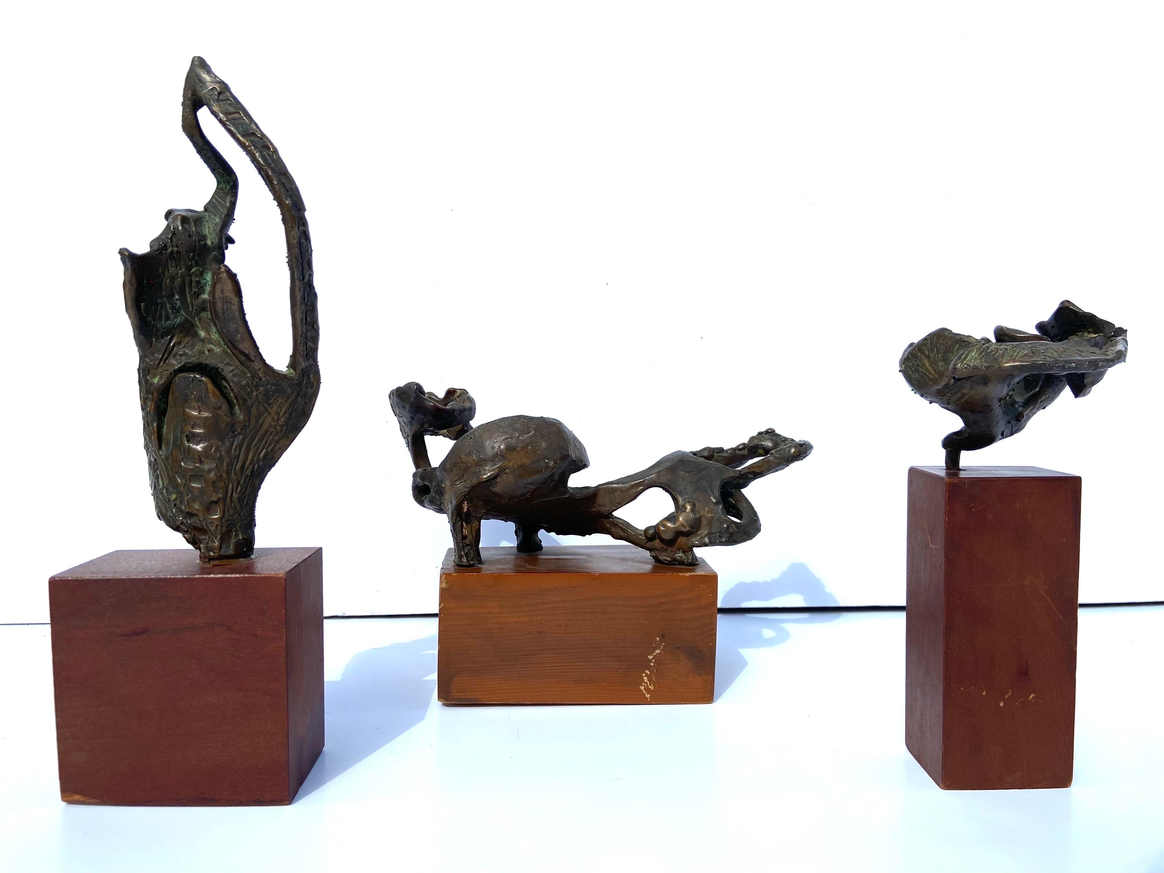 Set of 3 Brutalist Abstract Vintage 20th Century Bronze Sculptures on Wood Bases 4