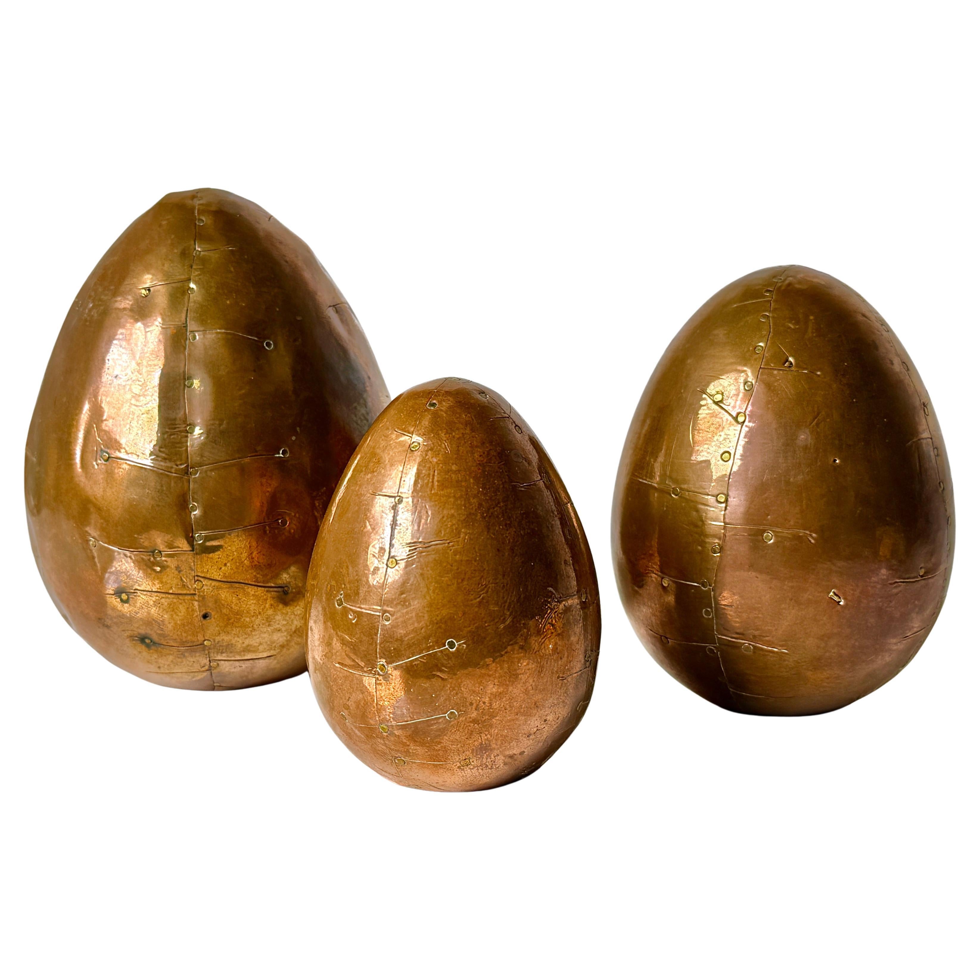 Set of 3 Brutalist Modern Copper and Brass Patchwork Decorative Egg Sculptures