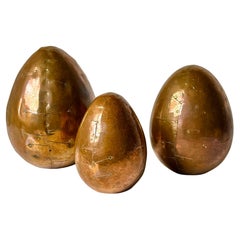 Set of 3 Brutalist Modern Copper and Brass Patchwork Decorative Egg Sculptures