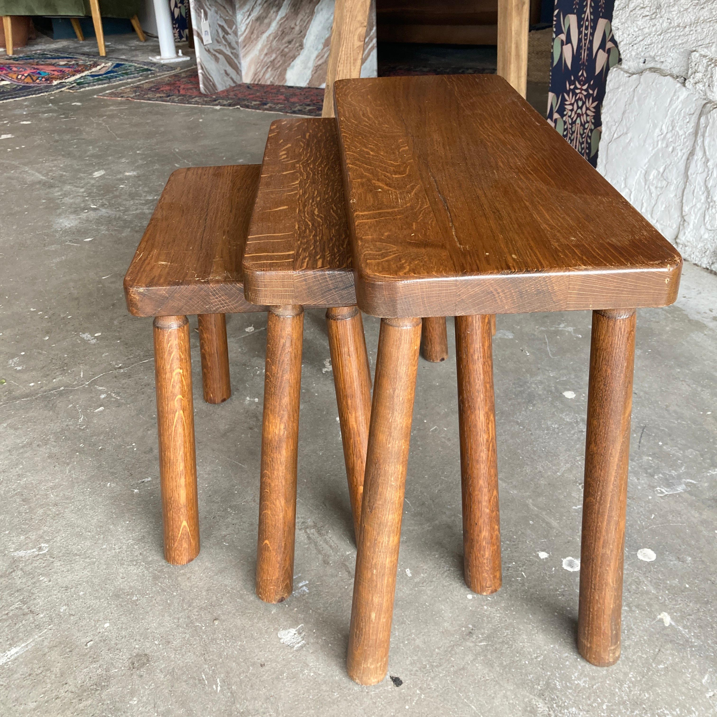 Wood Set of 3 Brutalist Nesting Side Tables in Oak 
