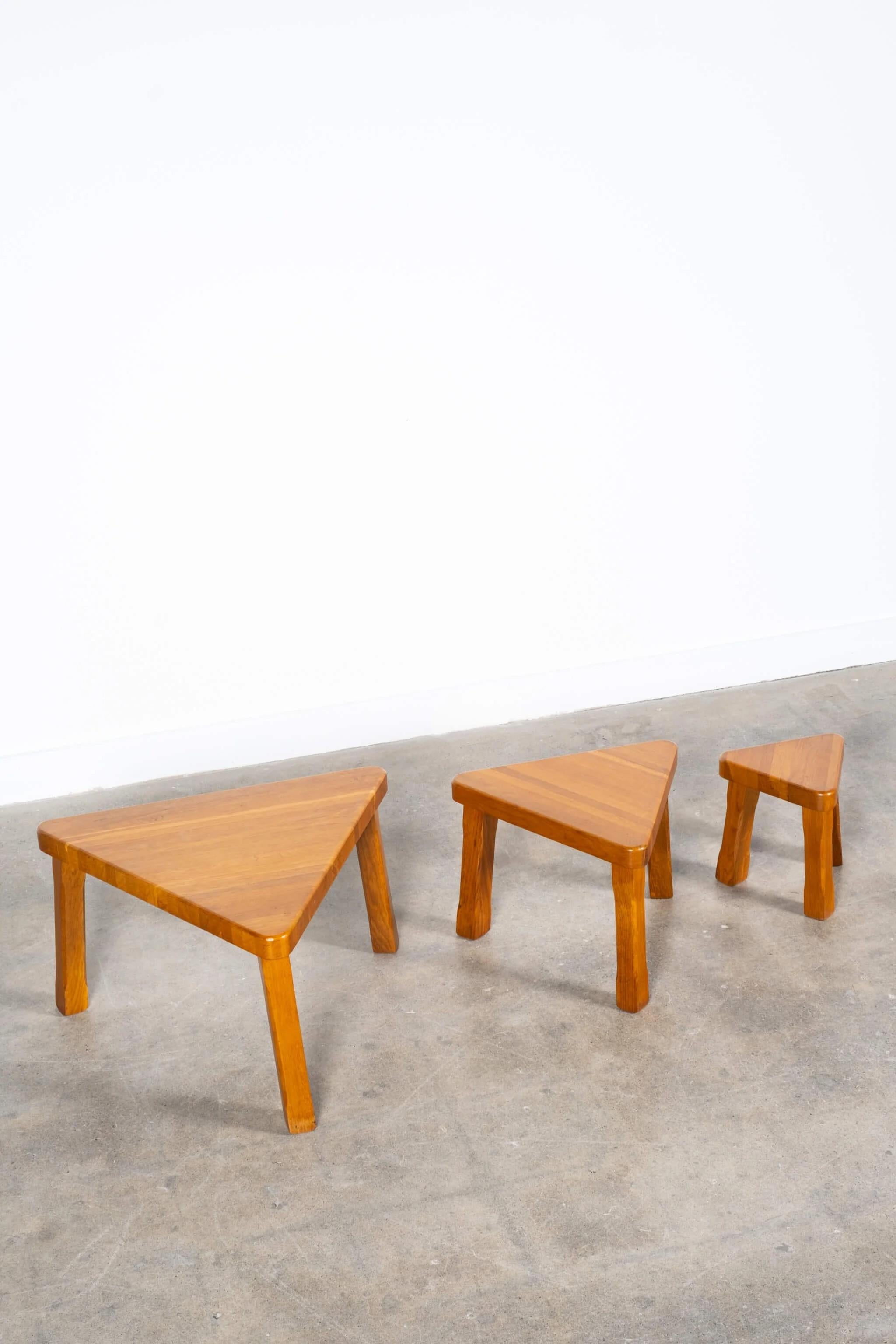 Mid-20th Century Set of 3 Brutalist Oak Nesting Tables in the Manner of Pierre Chapo For Sale