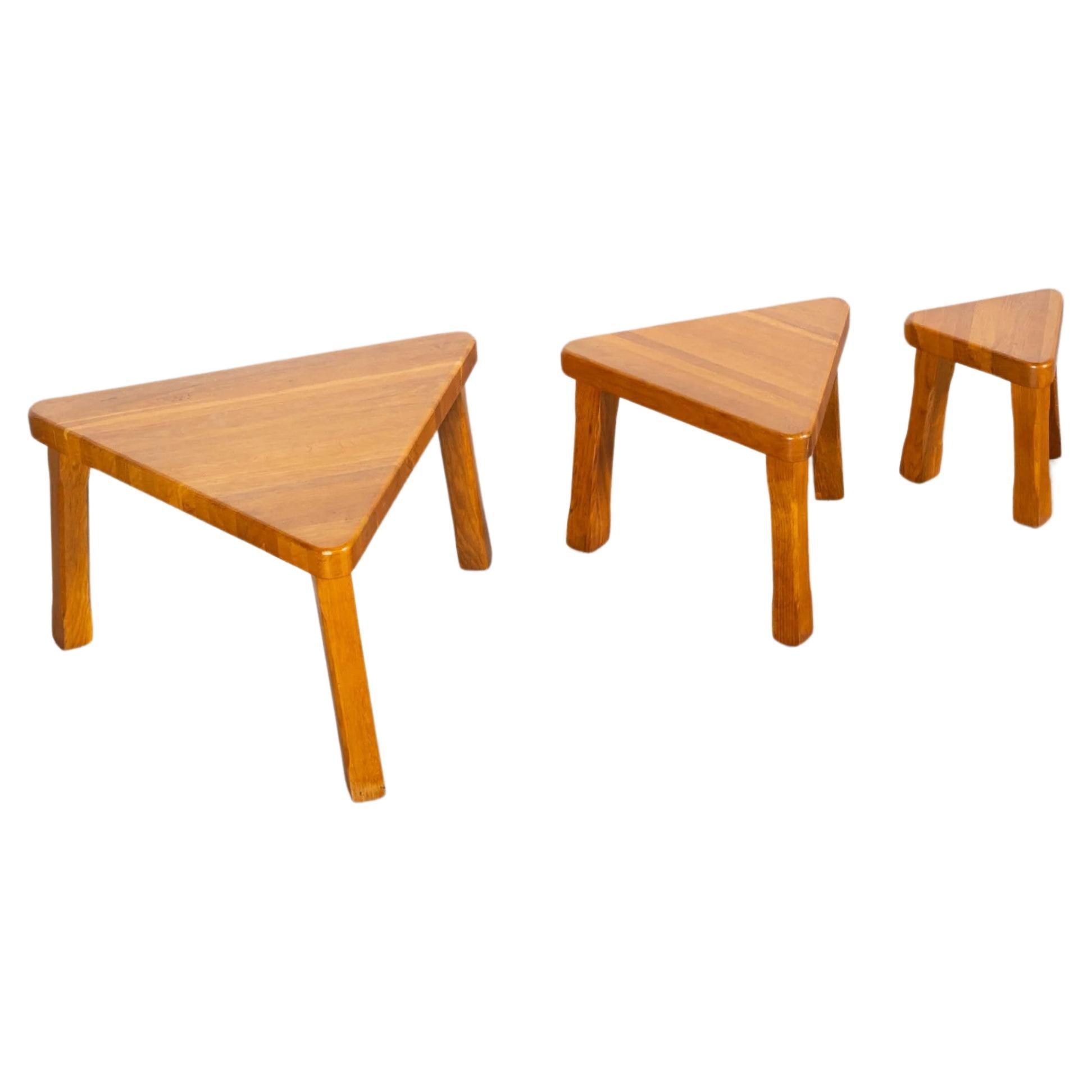 Set of 3 Brutalist Oak Nesting Tables in the Manner of Pierre Chapo
