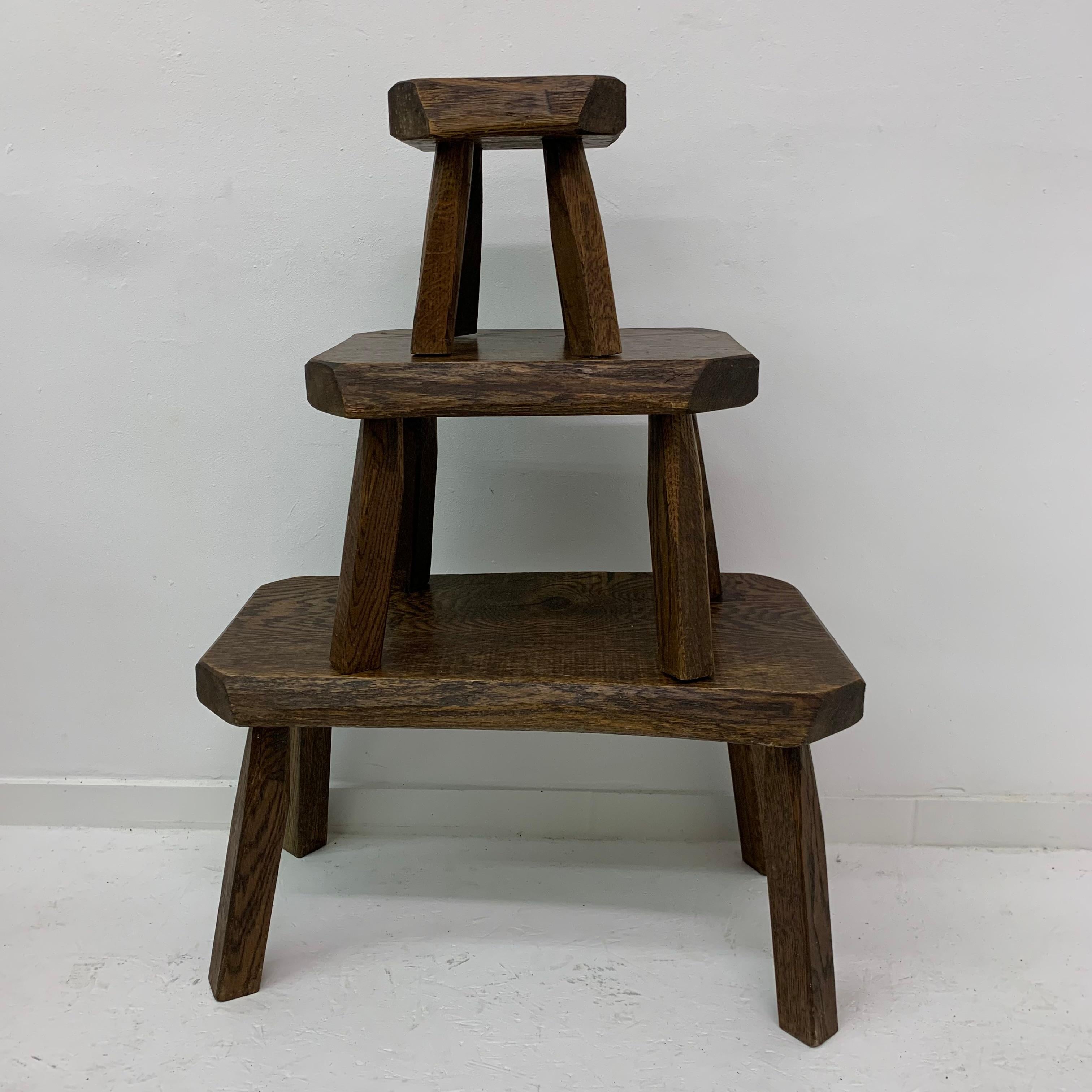 Ensemble de 3 tables gigognes brutalistes en Oak Wood, années 1970 en vente 11
