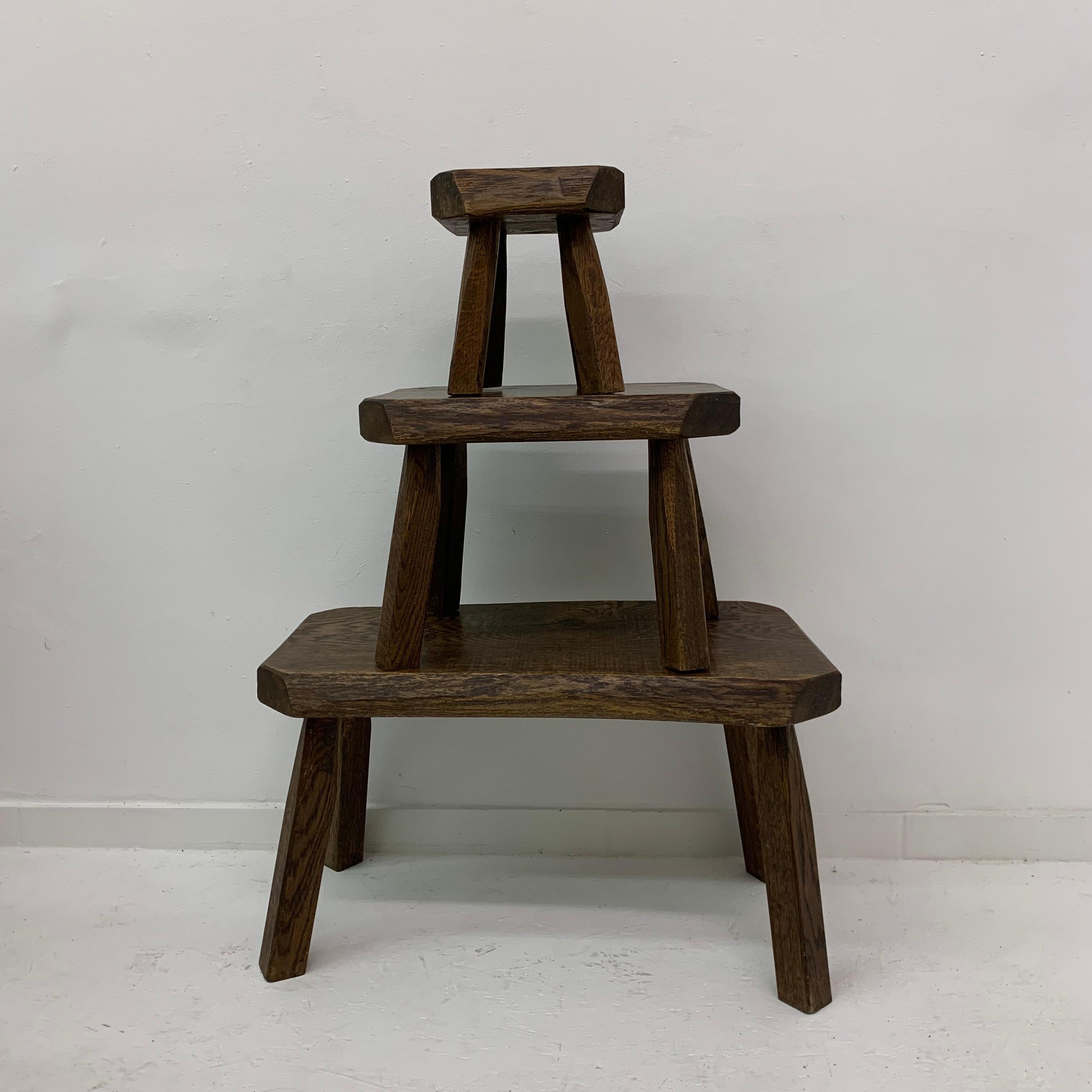 Ensemble de 3 tables gigognes brutalistes en Oak Wood, années 1970 en vente 12