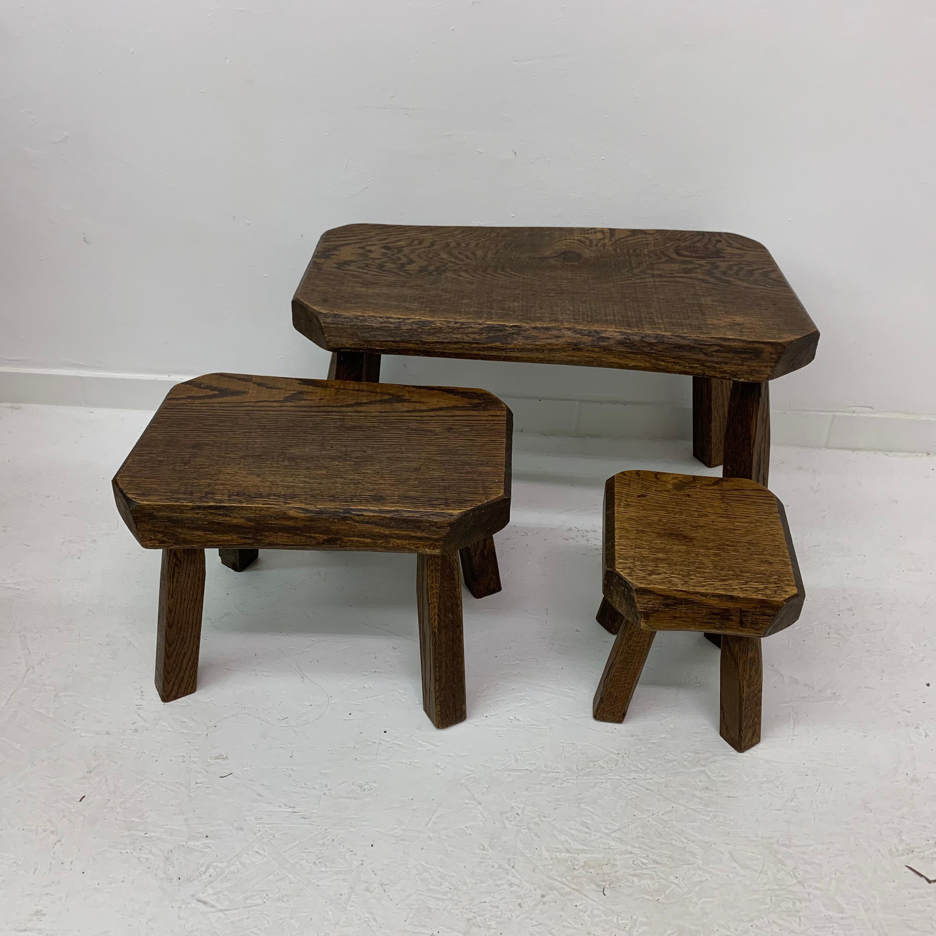 Ensemble de 3 tables gigognes brutalistes en Oak Wood, années 1970 en vente 14