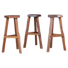 Set of 3 Brutalist Olavi Hänninen Elm Wood Bar Stools, Finland, 1960s