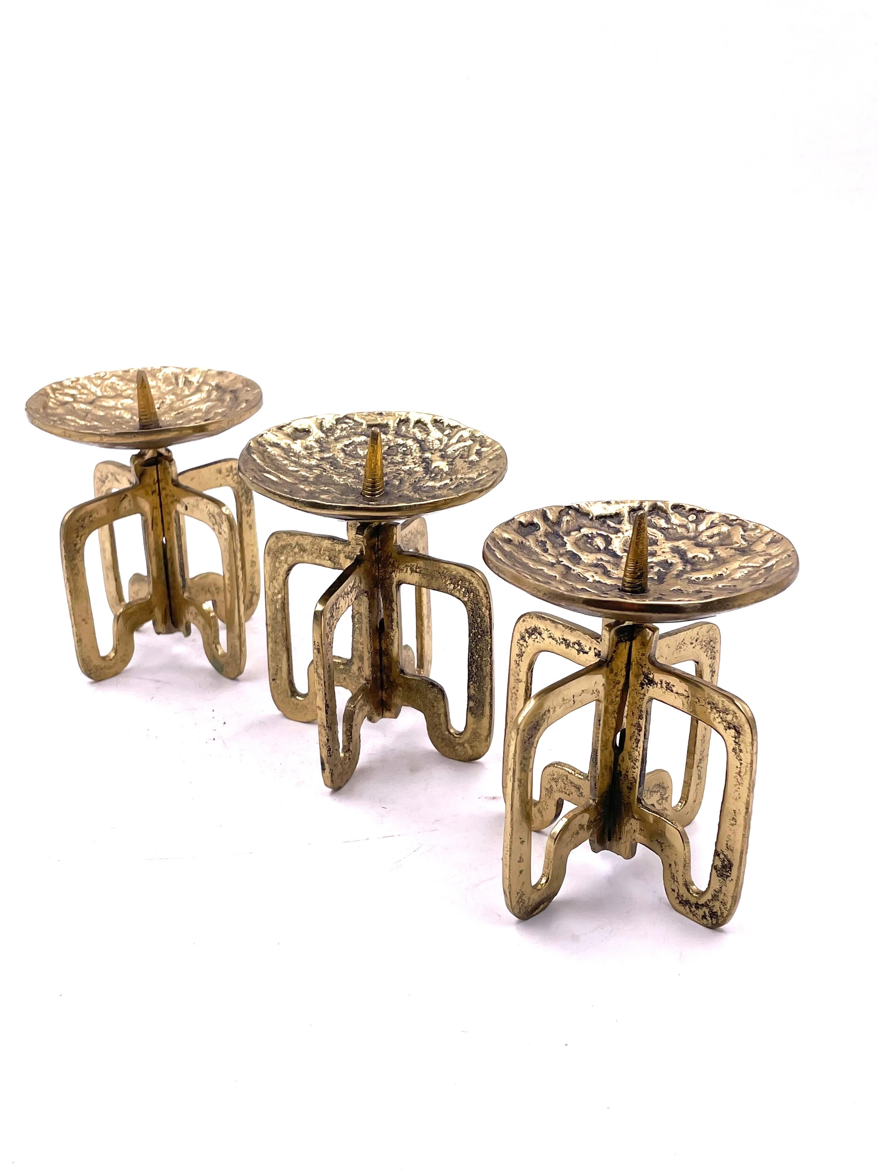 Rare set of 3 candle holders solid hand hammered brass, made in austria beautiful and unique retains label.