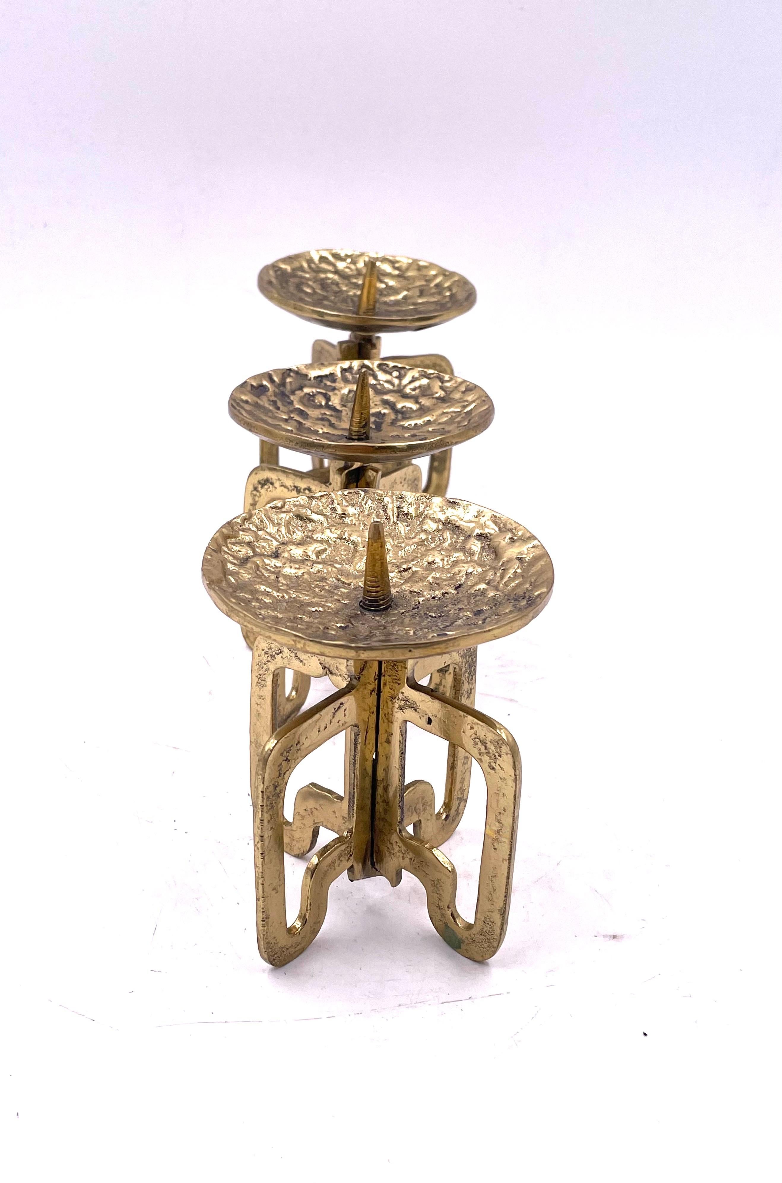 Set of 3 Brutalist Rare Hand Hammered Brass Austrian Candle Holders In Excellent Condition For Sale In San Diego, CA