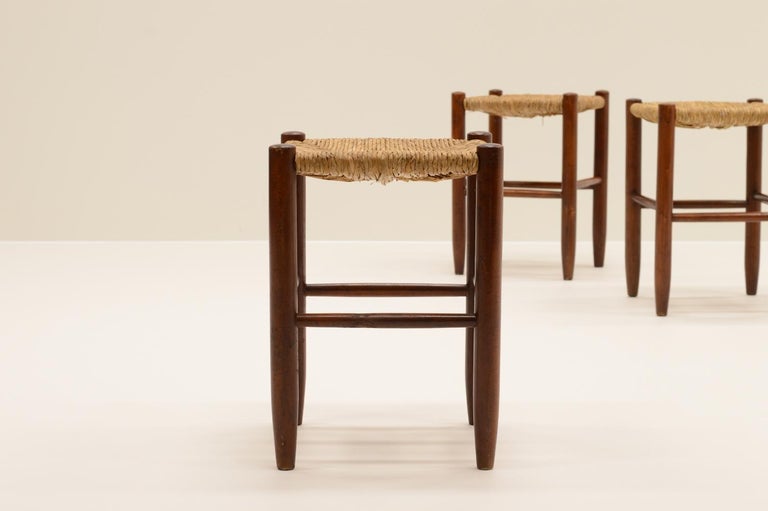 Set of 3 Brutalist Rush Stools, French 70s For Sale at 1stDibs