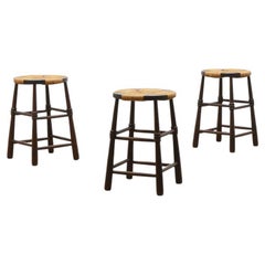 Set of 3 Brutalist Rush Stools, French, 70s