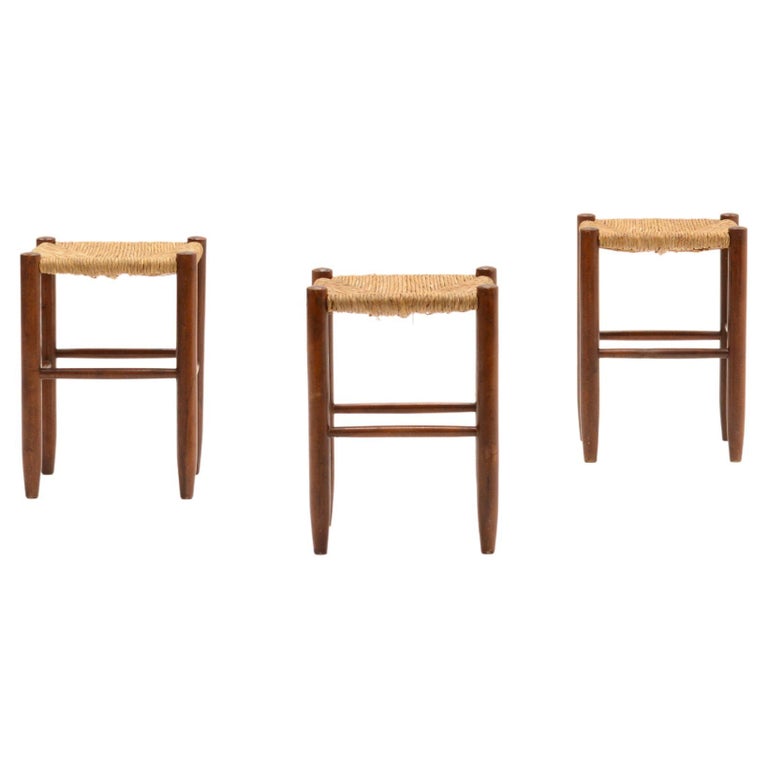 Set of 3 Brutalist Rush Stools, French 70s For Sale at 1stDibs