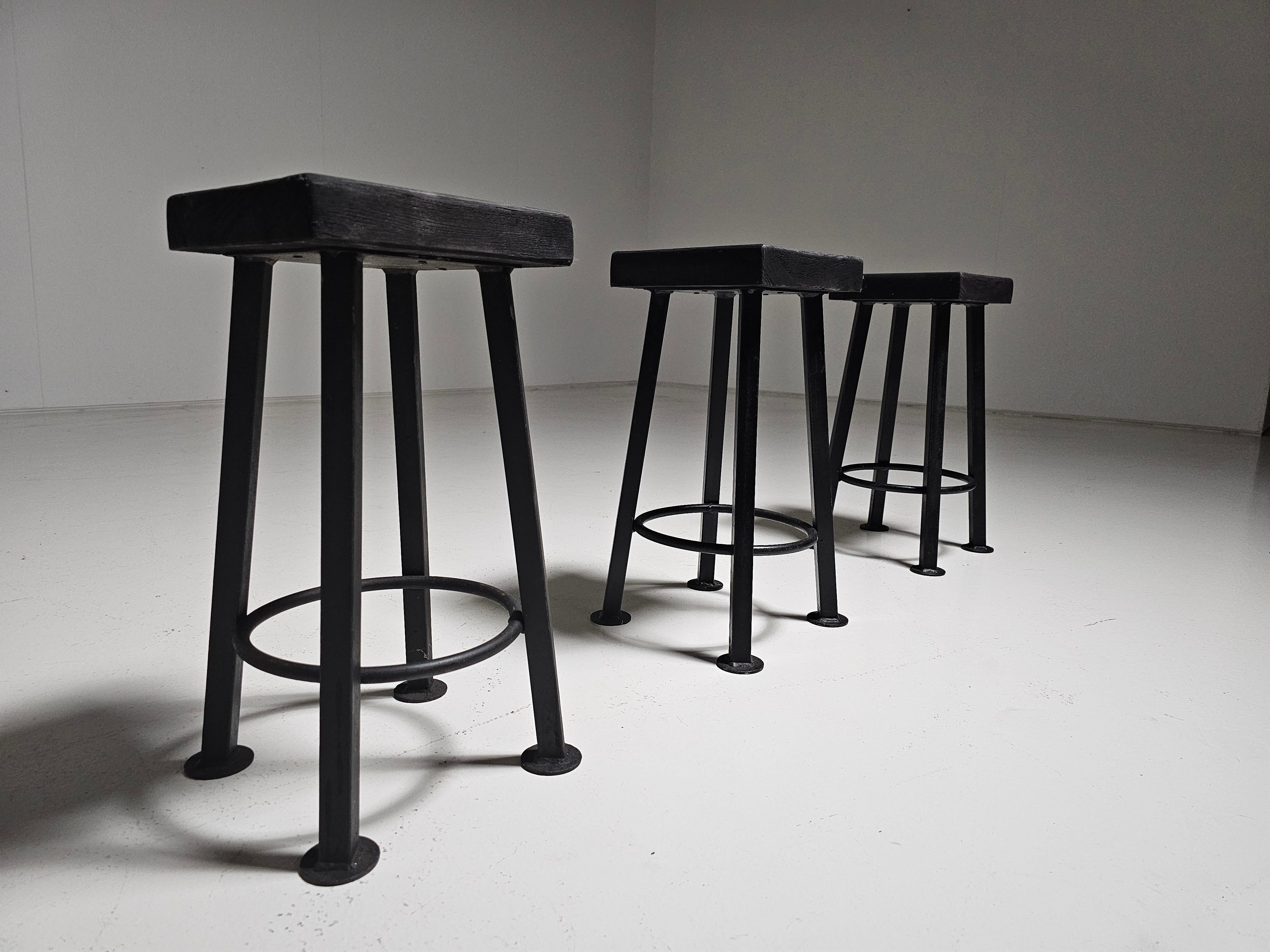 European Set of 3 brutalist stools, Belgium, 1970s For Sale
