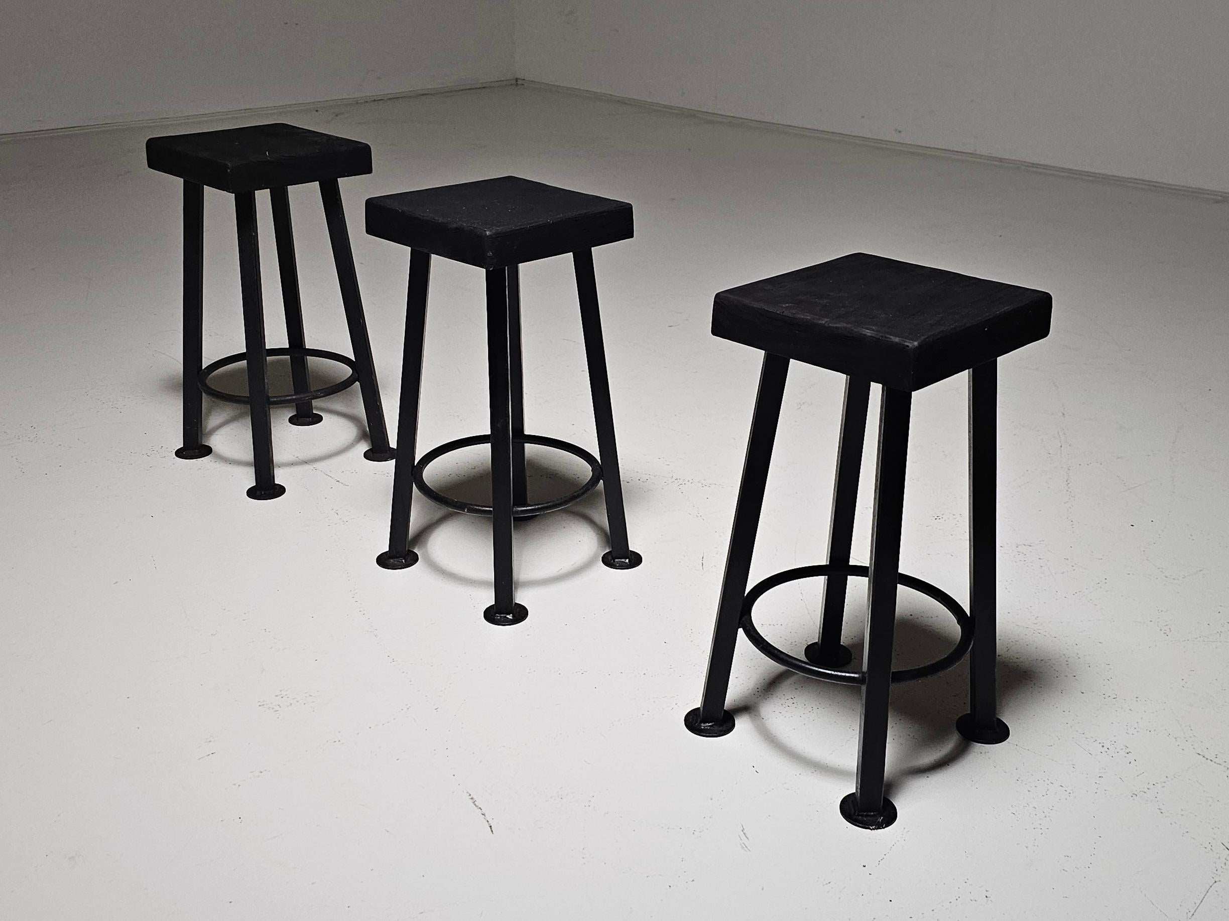 Late 20th Century Set of 3 brutalist stools, Belgium, 1970s For Sale
