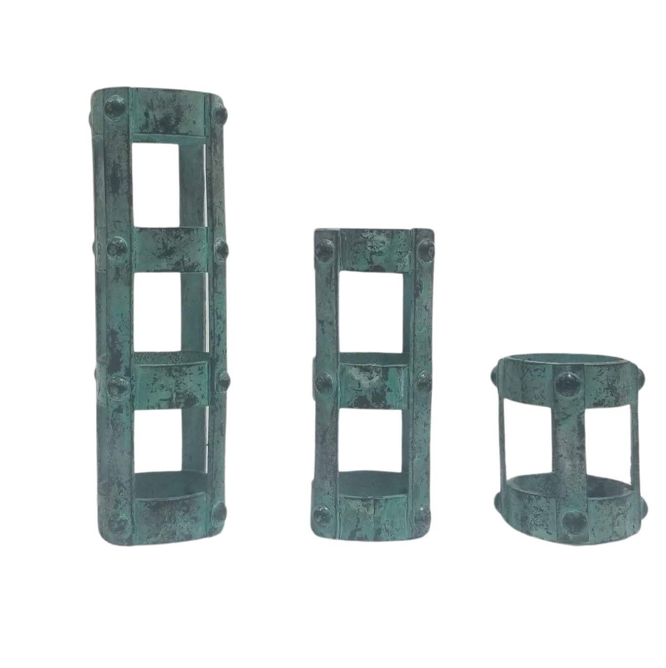 20th Century Set of 3 Brutalist style Candlestick Holders Cage Design For Sale