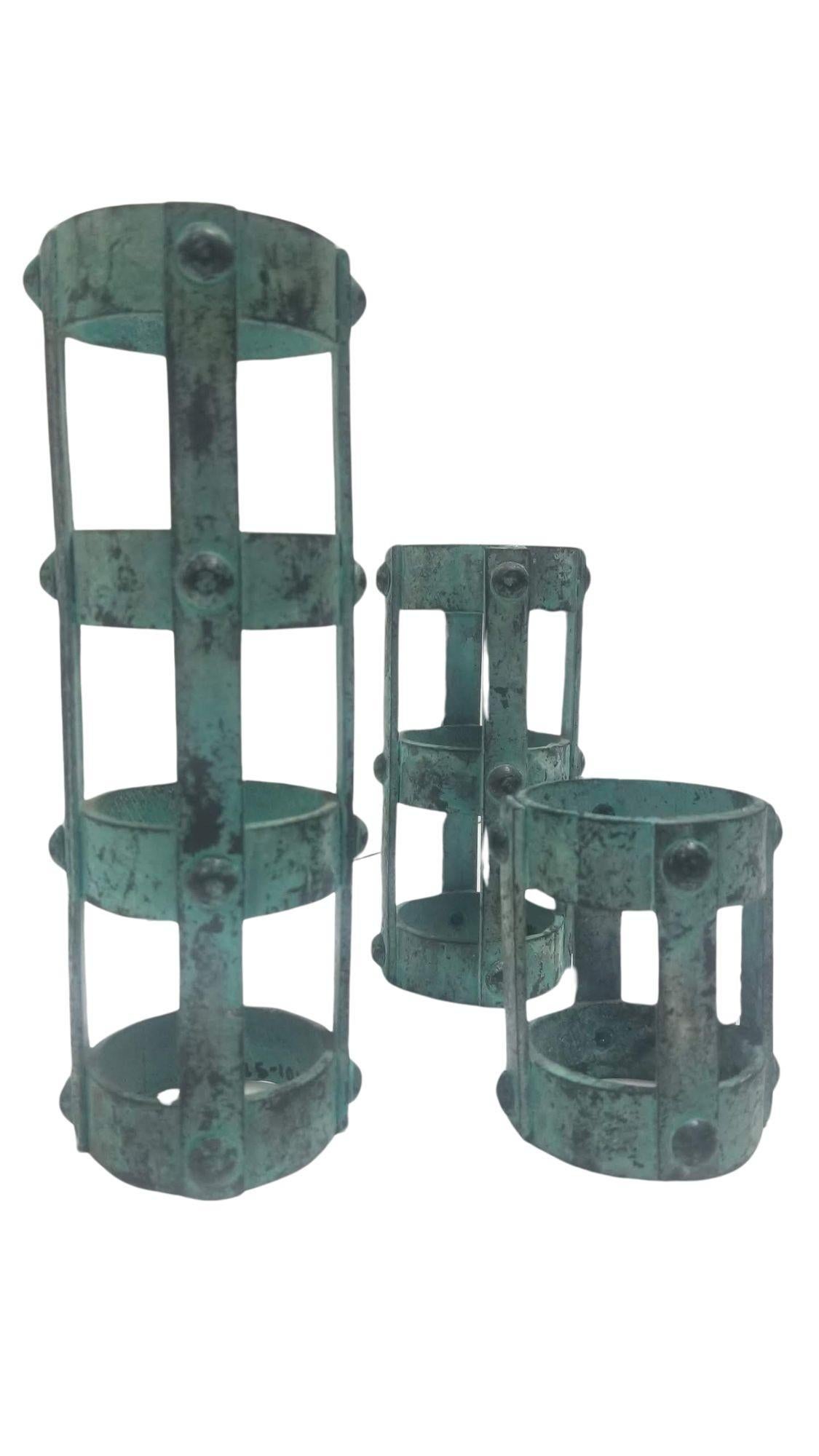 Bronze Set of 3 Brutalist style Candlestick Holders Cage Design For Sale