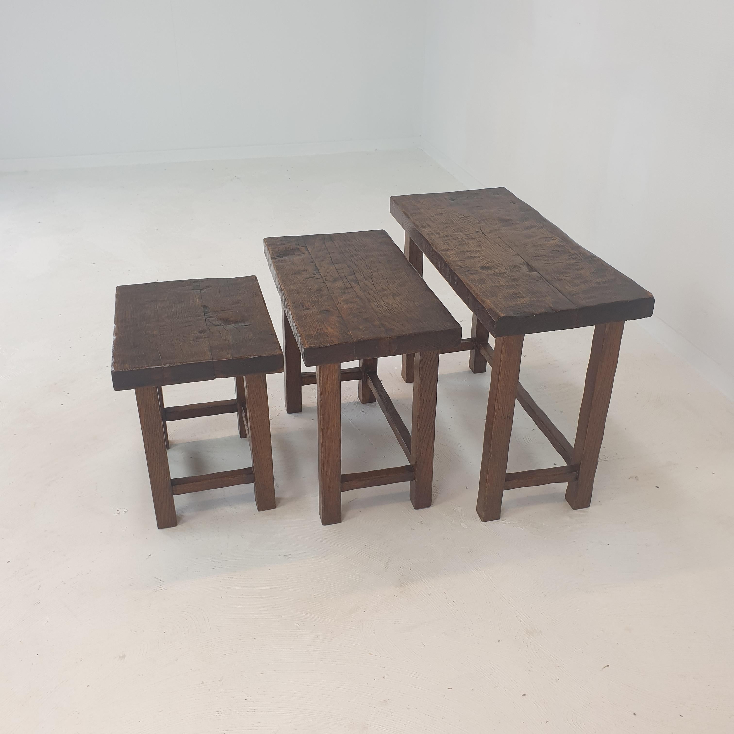 Dutch Set of 3 Brutalist Wooden Nesting Tables, Holland 1960s For Sale