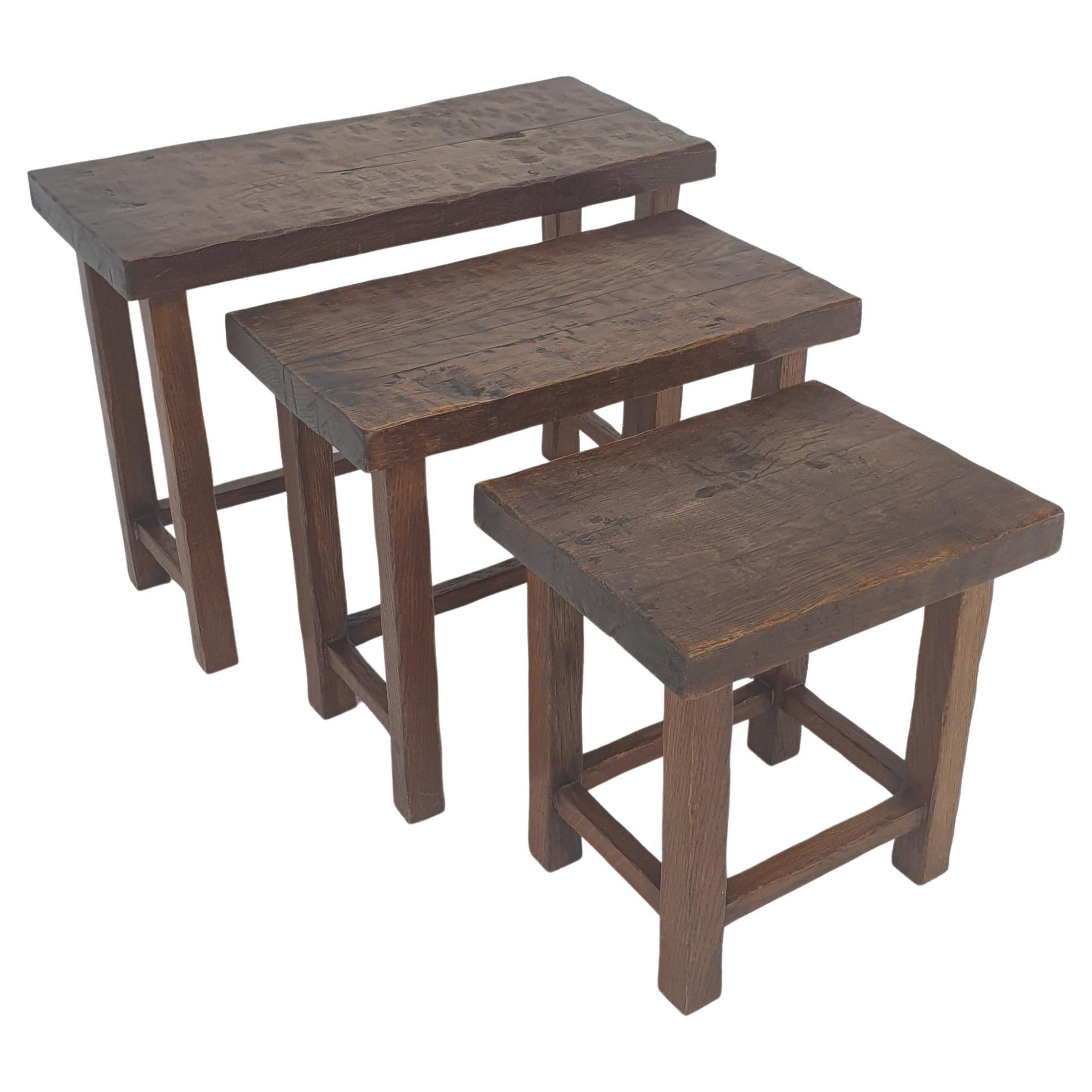 Set of 3 Brutalist Wooden Nesting Tables, Holland 1960s For Sale