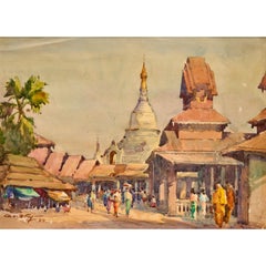 Set of 3 Burmese Watercolors Including Shwedagon Pagoda, Mandalay Palace, 1964