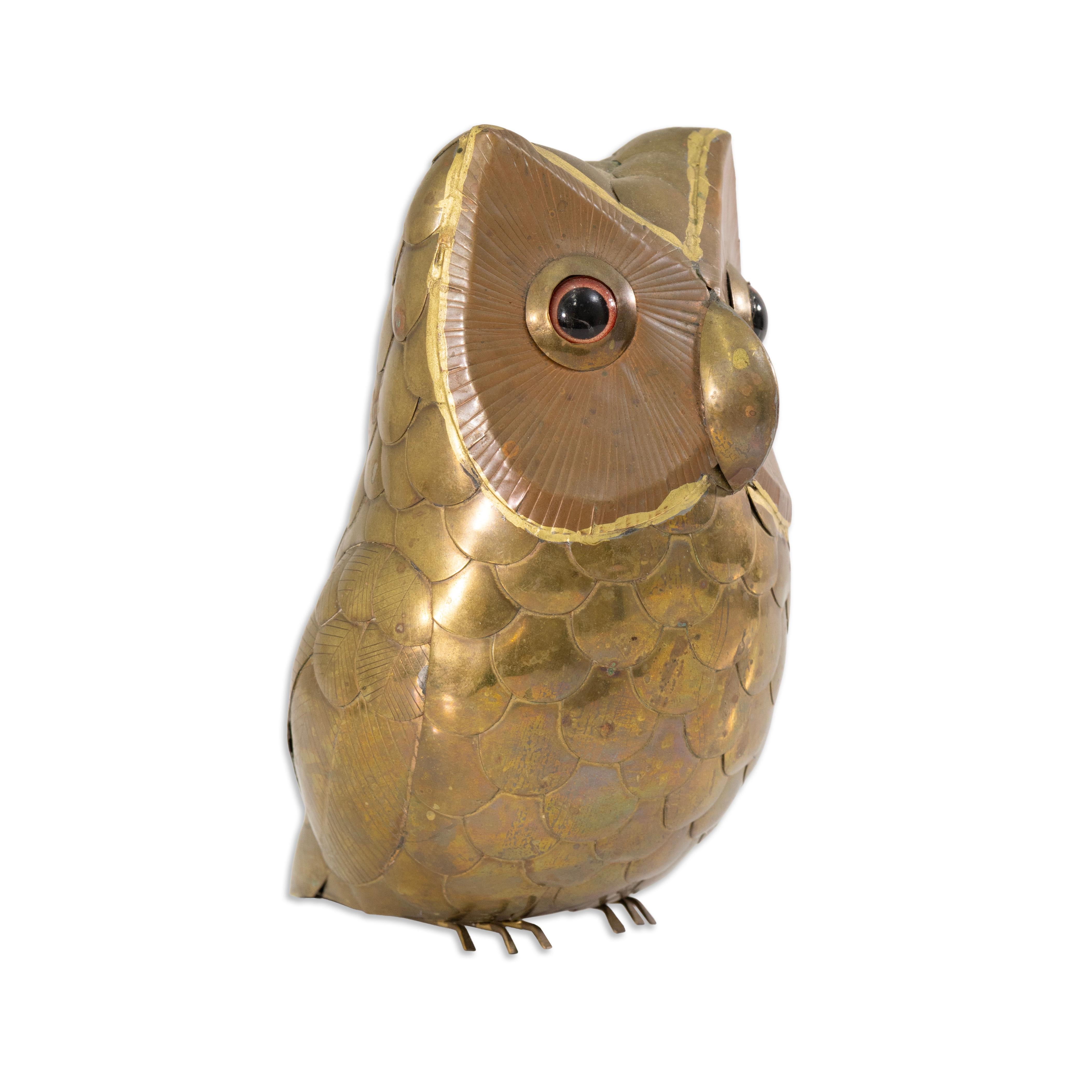 Messicano Set Of 3 Bustamante Style Mixed Metal Owl Sculptures in vendita