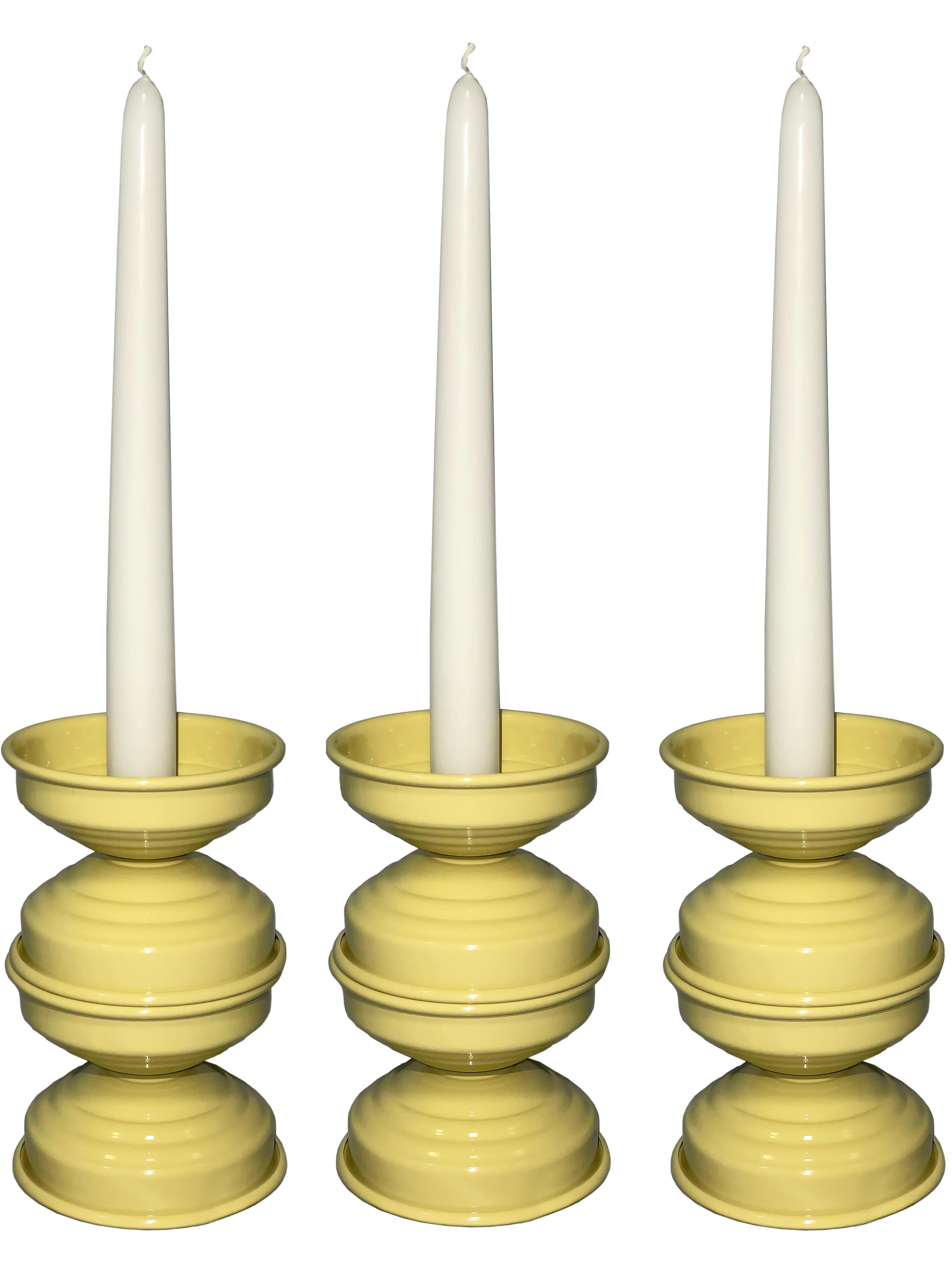 Brushed Set of 3 Butter Glossy Aluminum Candlesticks, Italian Minimalist Design, 2020s For Sale