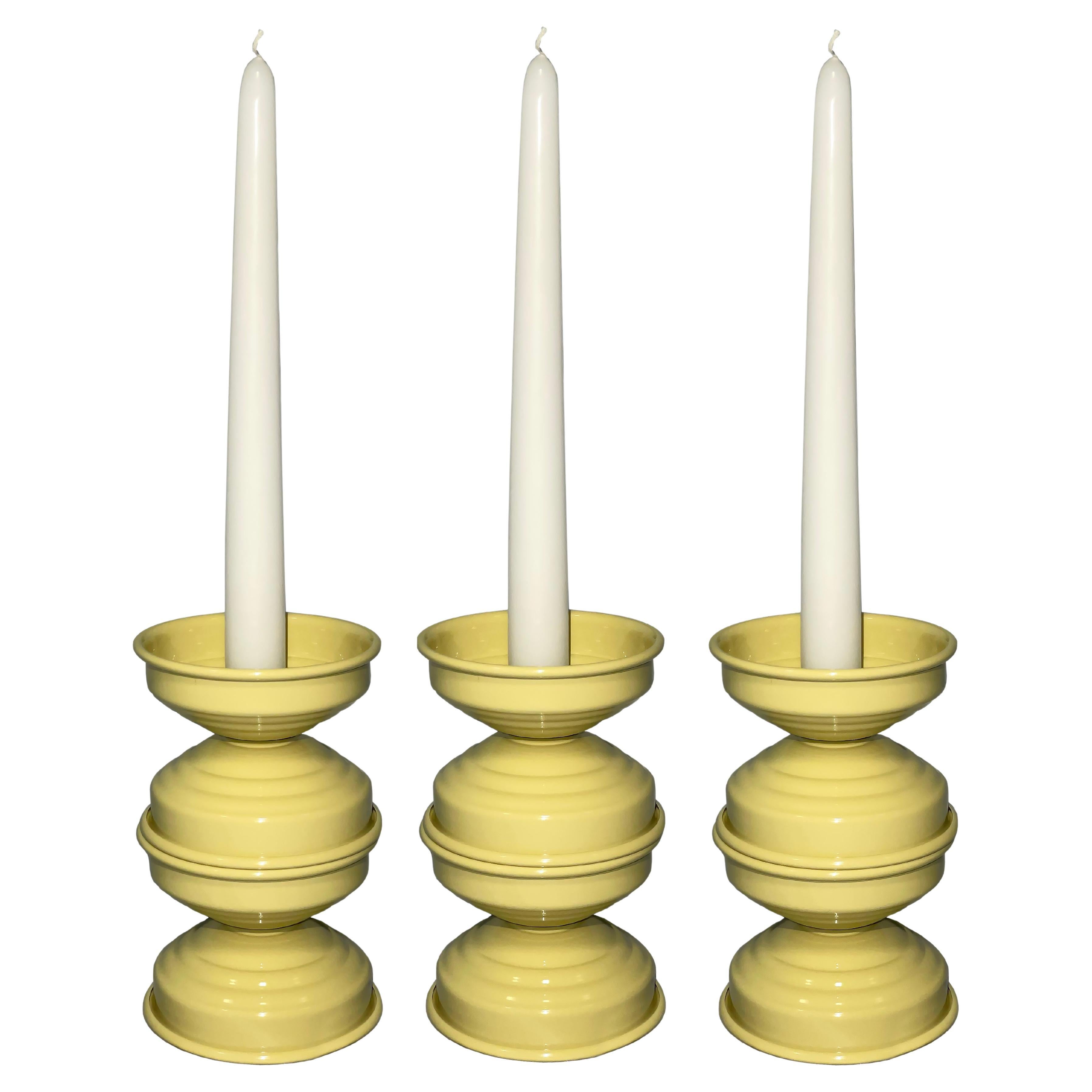 Set of 3 Butter Glossy Aluminum Candlesticks, Italian Minimalist Design, 2020s For Sale