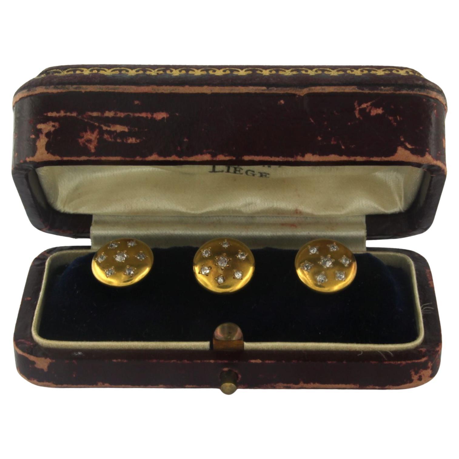 Set of 3 buttons set with old mine cut diamond 0.30ct, in authentic jewelery box For Sale