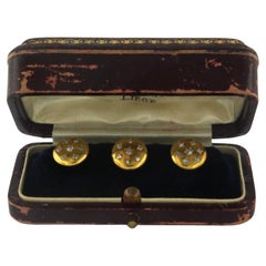 Set of 3 buttons set with old mine cut diamond 0.30ct, in authentic jewelery box