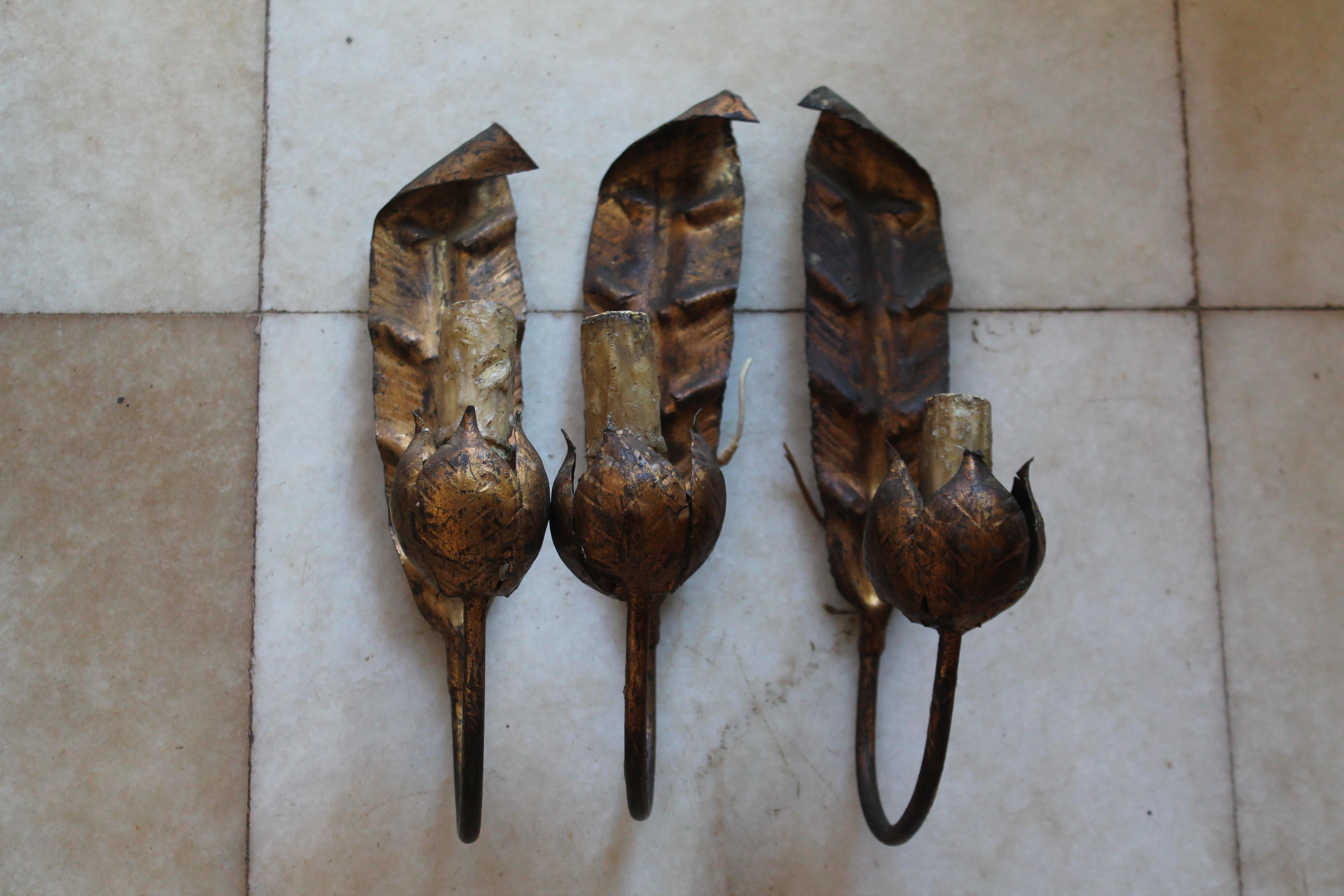 Set of 3 French Art Nouveau Antique Distressed Gilt Metal Tulip Form Sconces. Lovely patina and ready to mount.