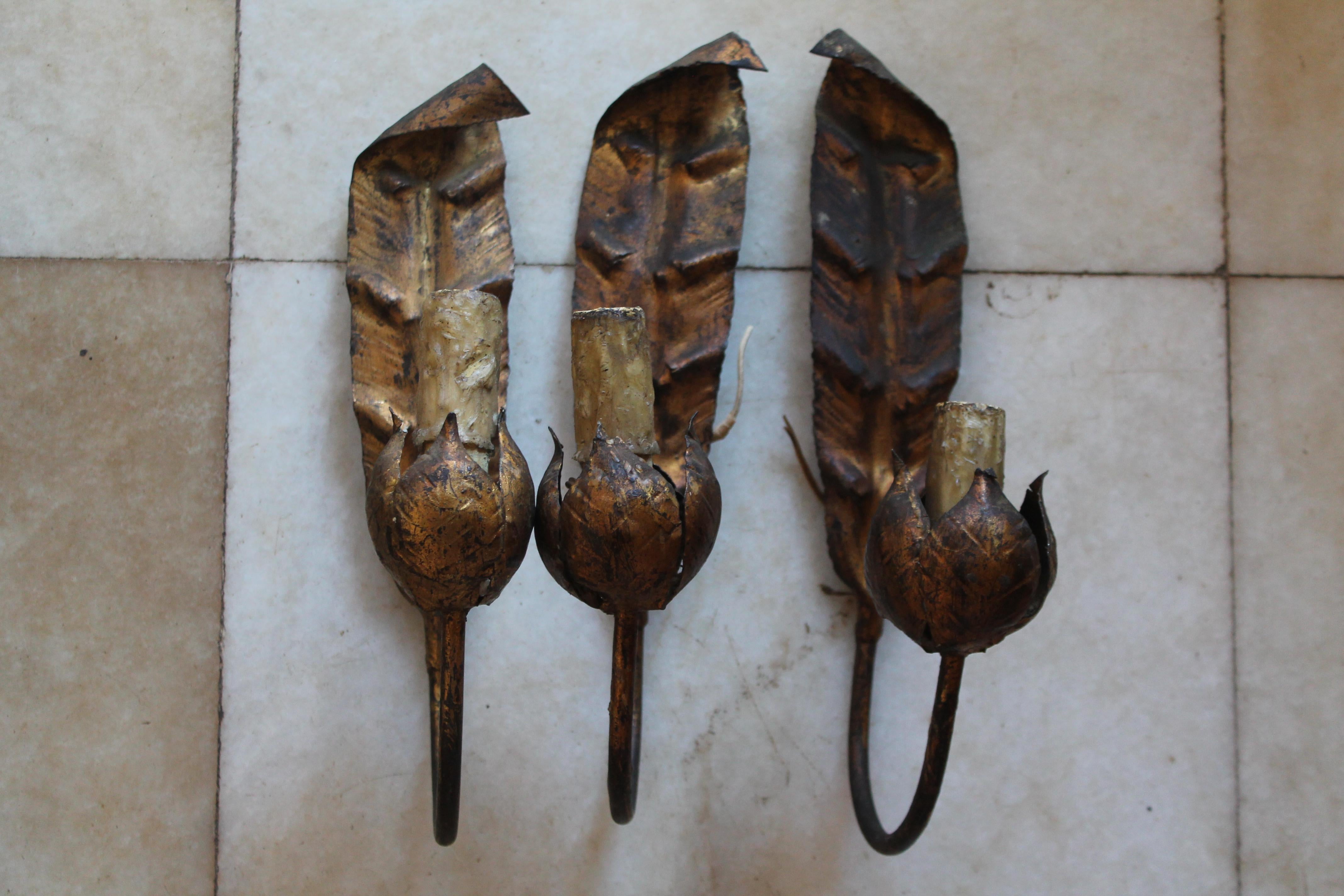Late 19th Century Set of 3 c1890'sFrench Art Nouveau Distressed Gilt Metal Tulip Form Wall Sconces For Sale