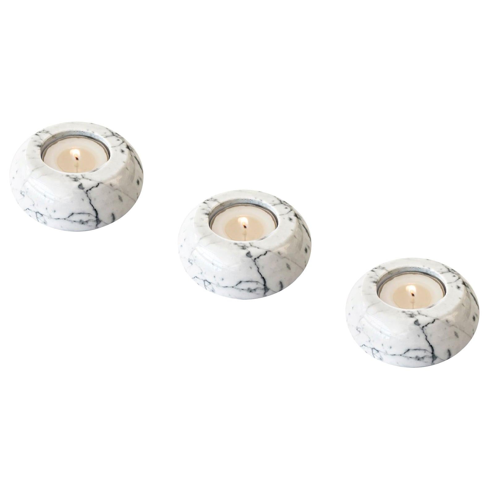Set of 3 Candleholders in White Carrara Marble