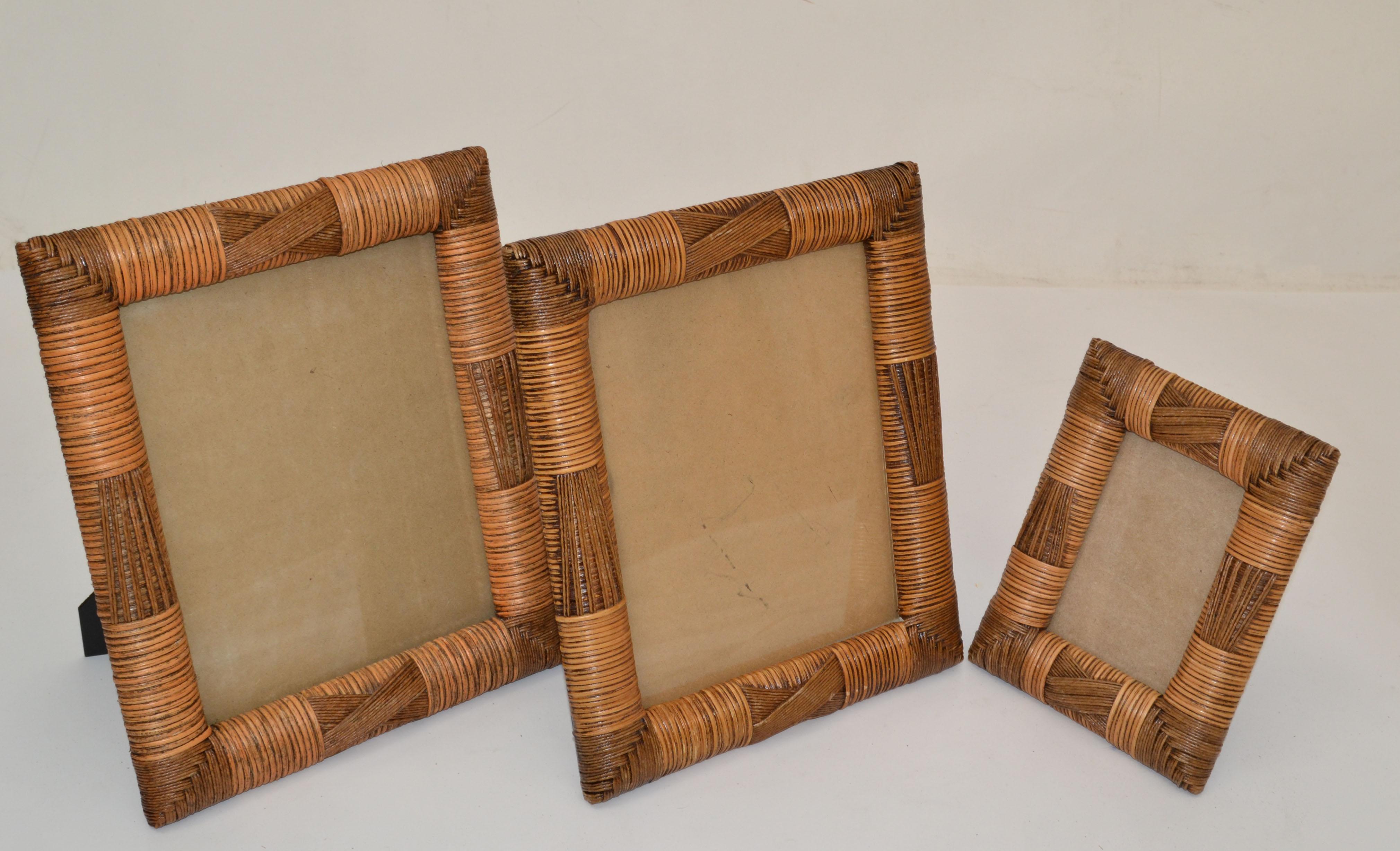 Set of 3 Cane, Wicker & Bamboo Picture Frames Bohemian Chic Mid-Century Modern For Sale 1