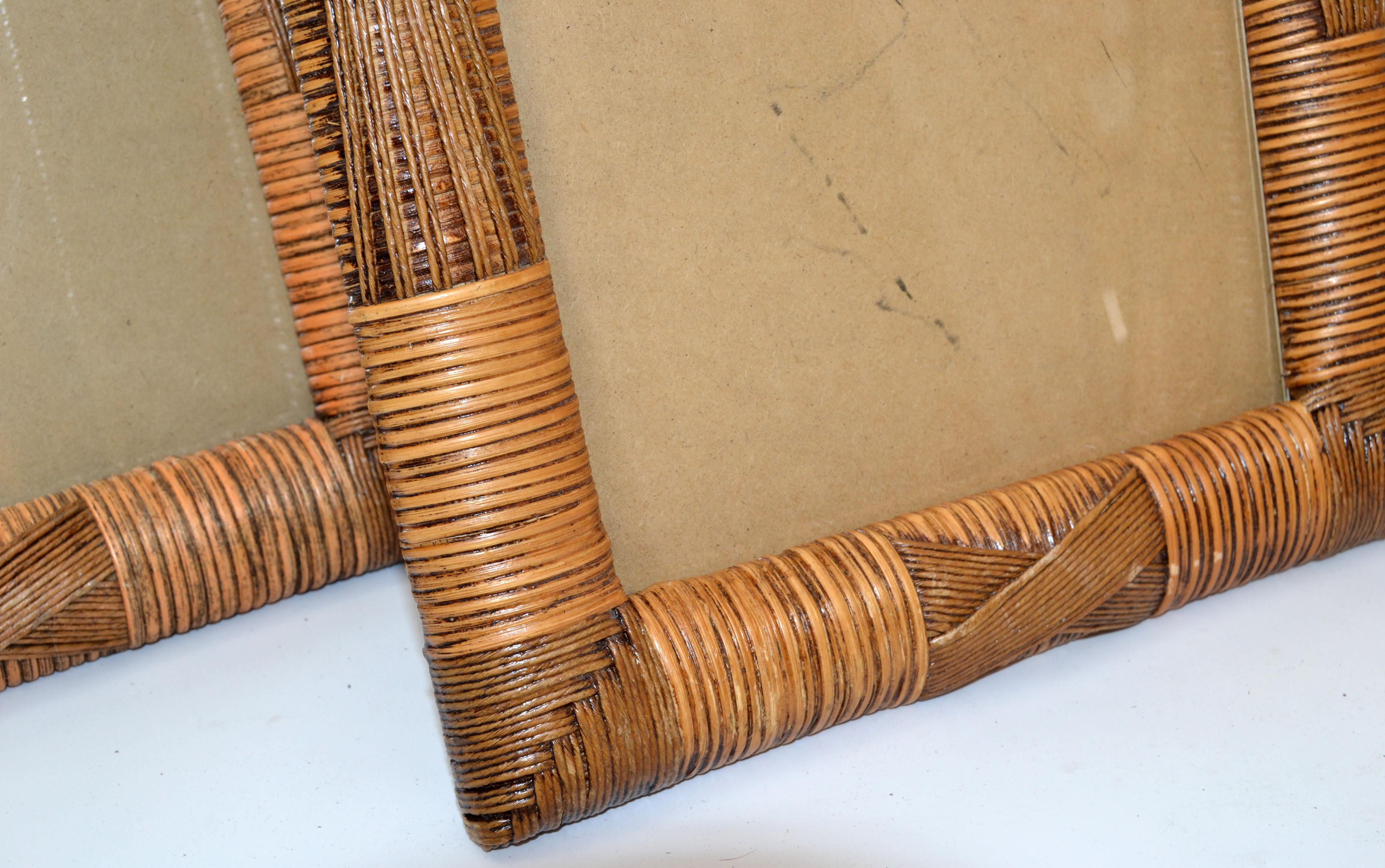 Hand-Crafted Set of 3 Cane, Wicker & Bamboo Picture Frames Bohemian Chic Mid-Century Modern For Sale