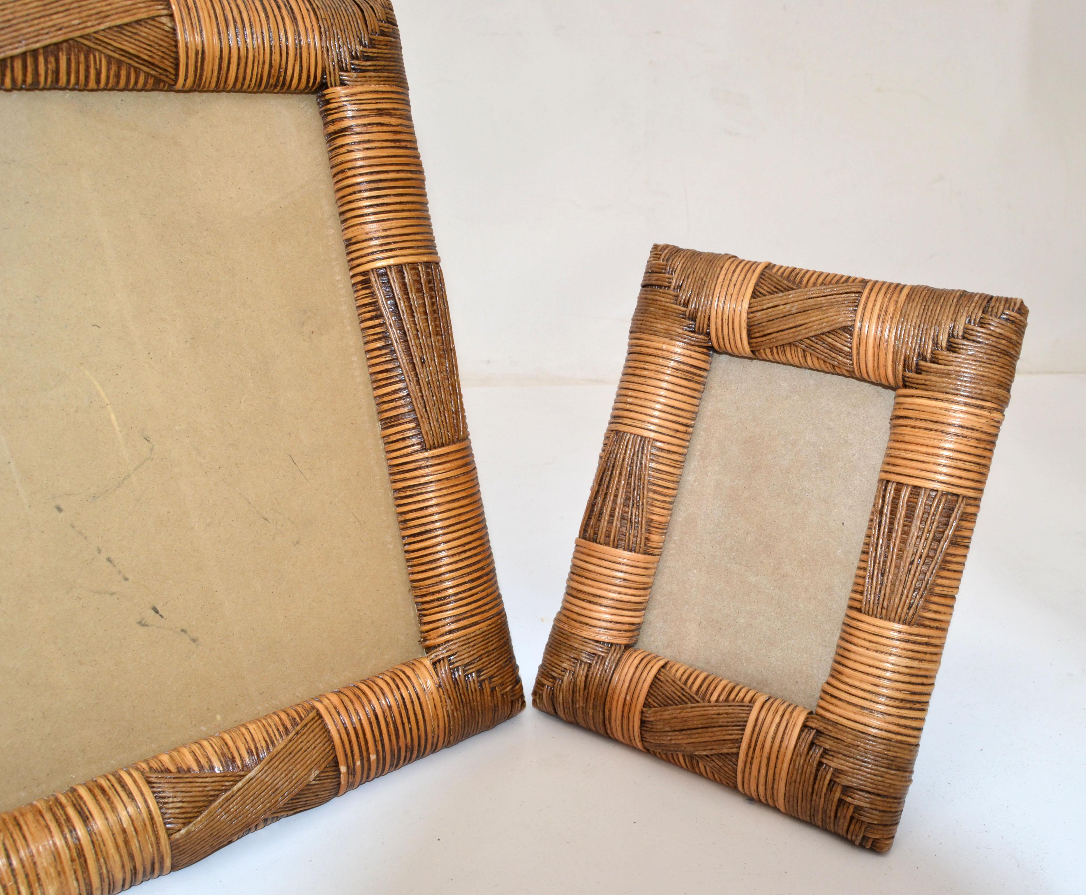 Set of 3 Cane, Wicker & Bamboo Picture Frames Bohemian Chic Mid-Century Modern In Good Condition For Sale In Miami, FL
