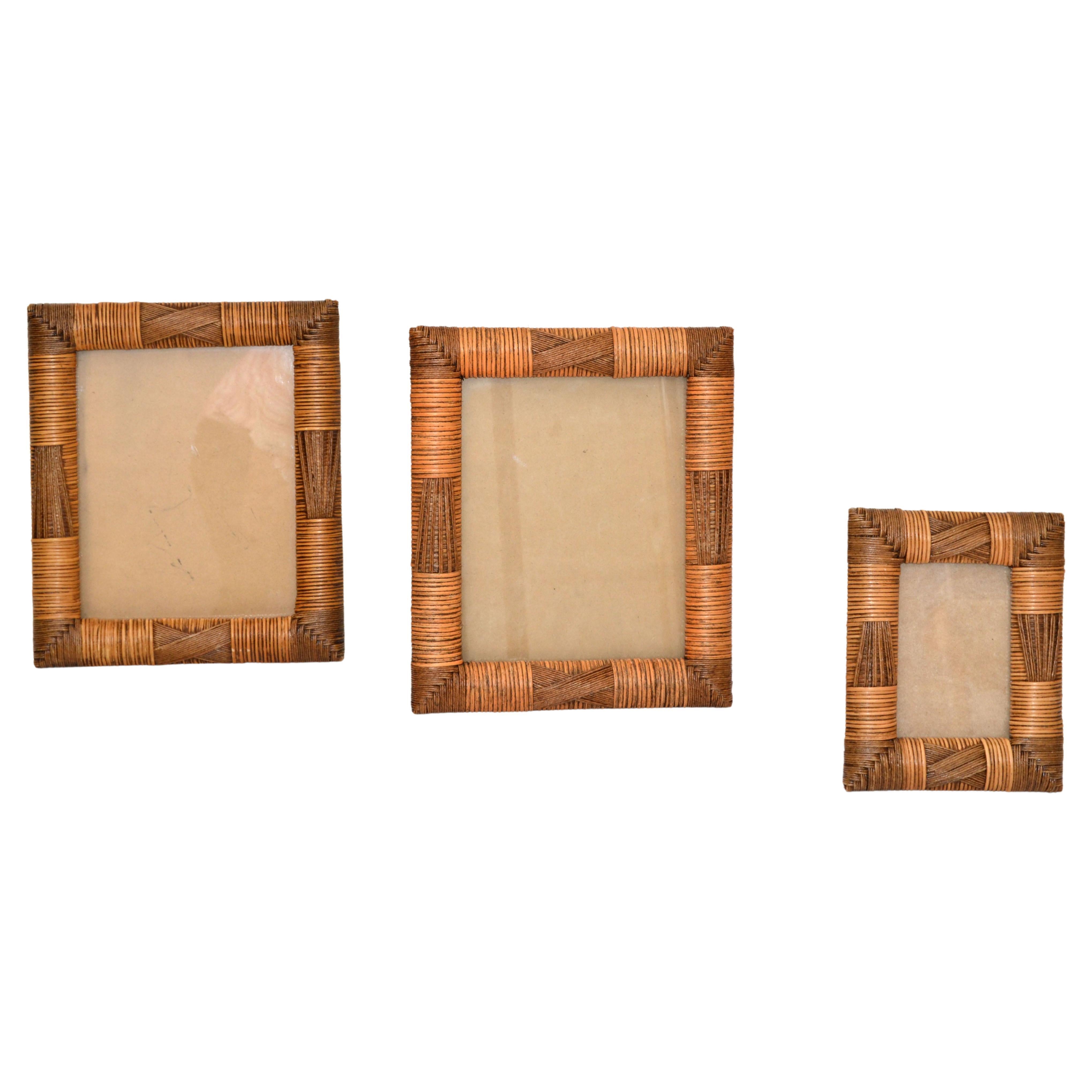 Set of 3 Cane, Wicker & Bamboo Picture Frames Bohemian Chic Mid-Century Modern