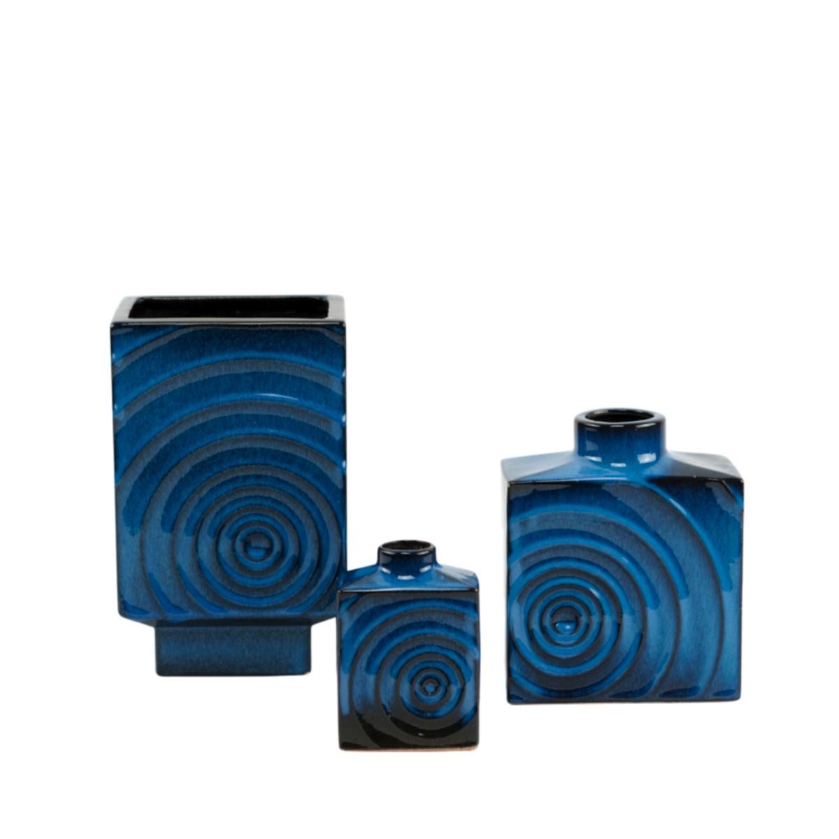 German Set of 3 Cari Zalloni for Steuler ceramic blue-black „ Zyklon“ vases  1060s