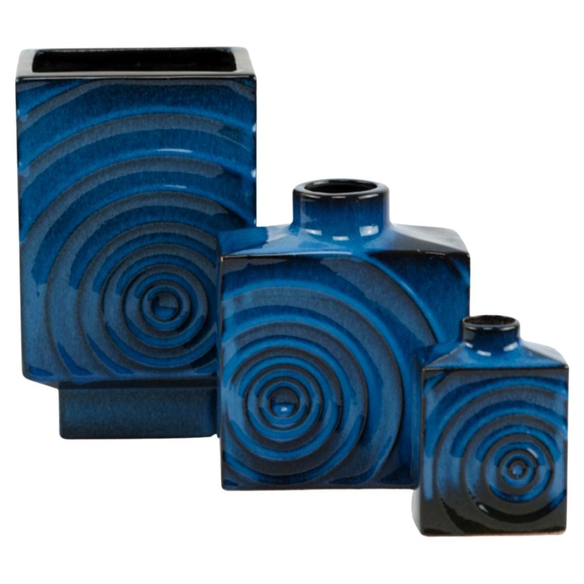 Set of 3 Cari Zalloni for Steuler ceramic blue-black „ Zyklon“ vases  1060s For Sale