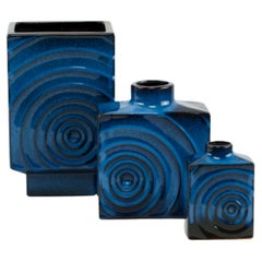 Set of 3 Cari Zalloni for Steuler ceramic blue-black „ Zyklon“ vases  1060s