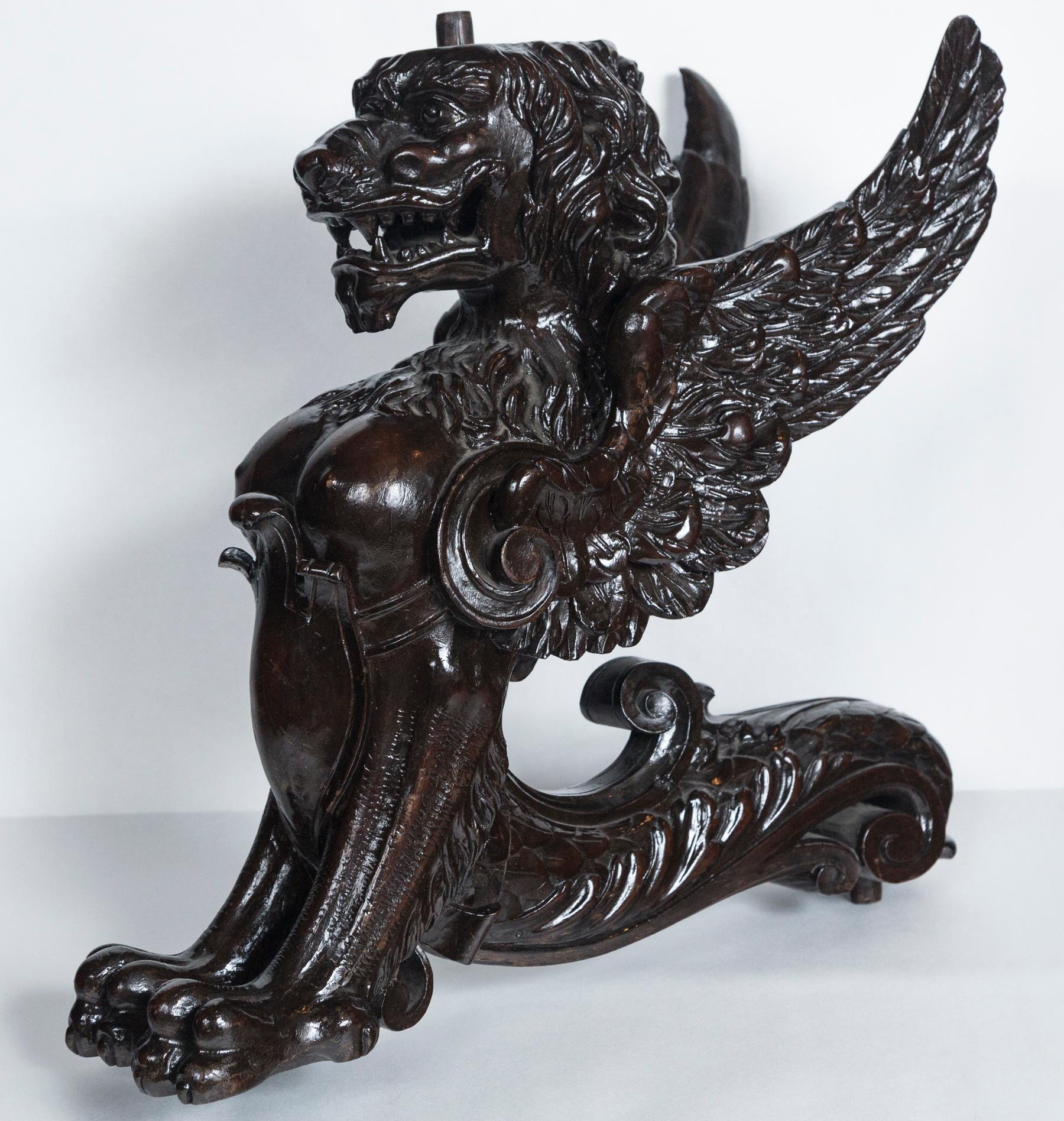 20th Century Set of 3 Carved Wood Winged Lions For Sale
