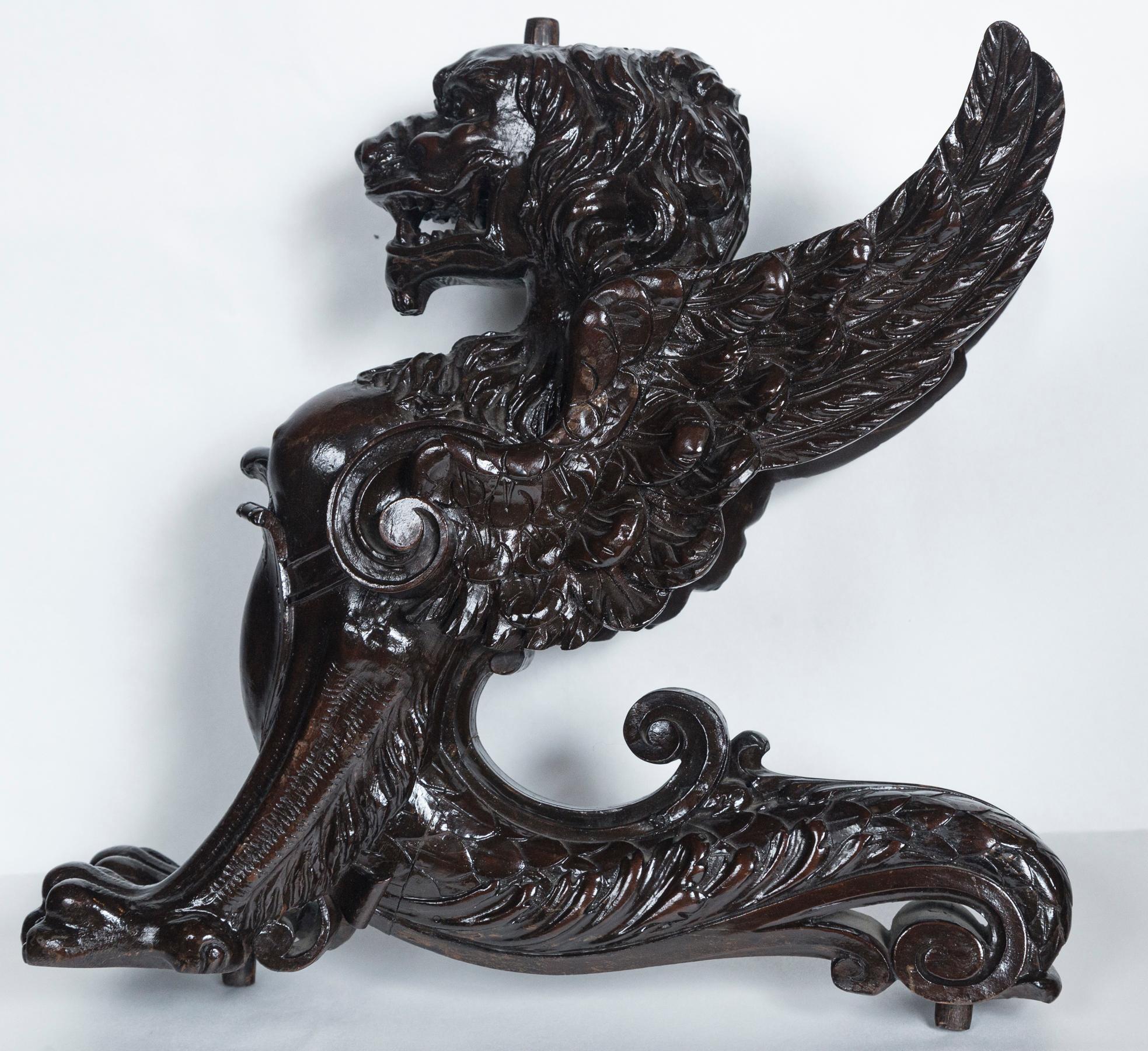 Set of 3 Carved Wood Winged Lions For Sale 1