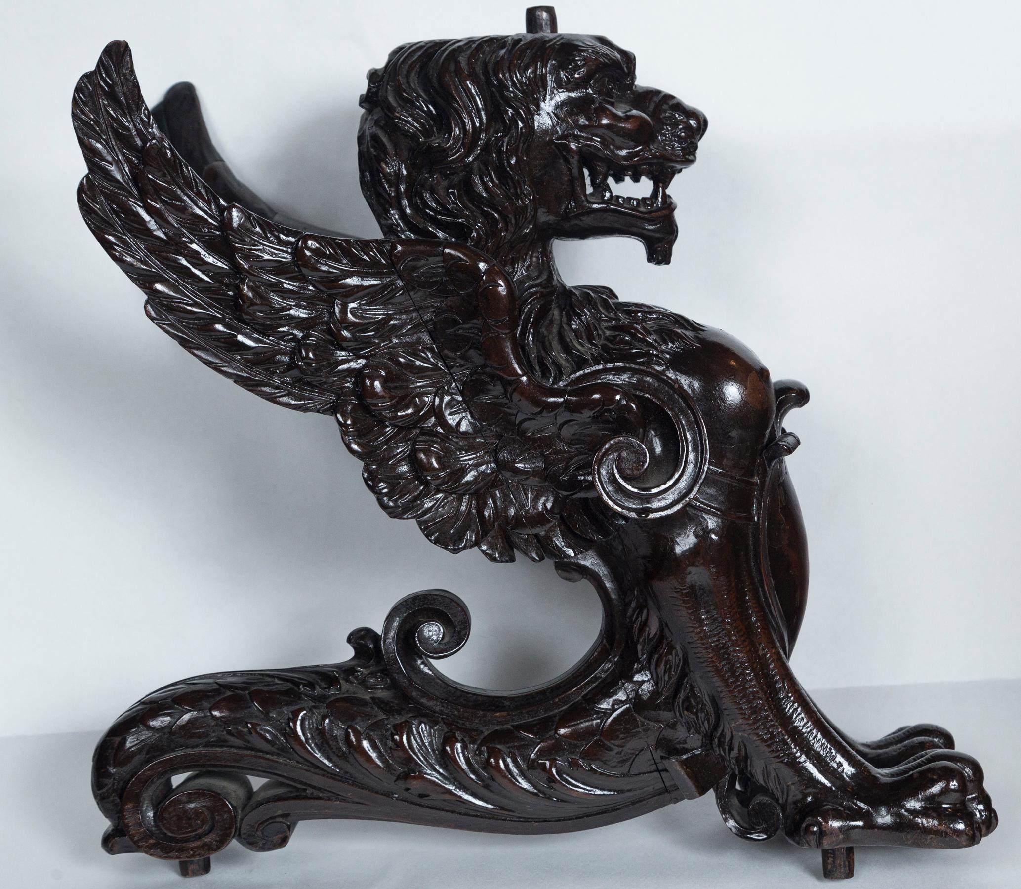 Set of 3 Carved Wood Winged Lions For Sale 2