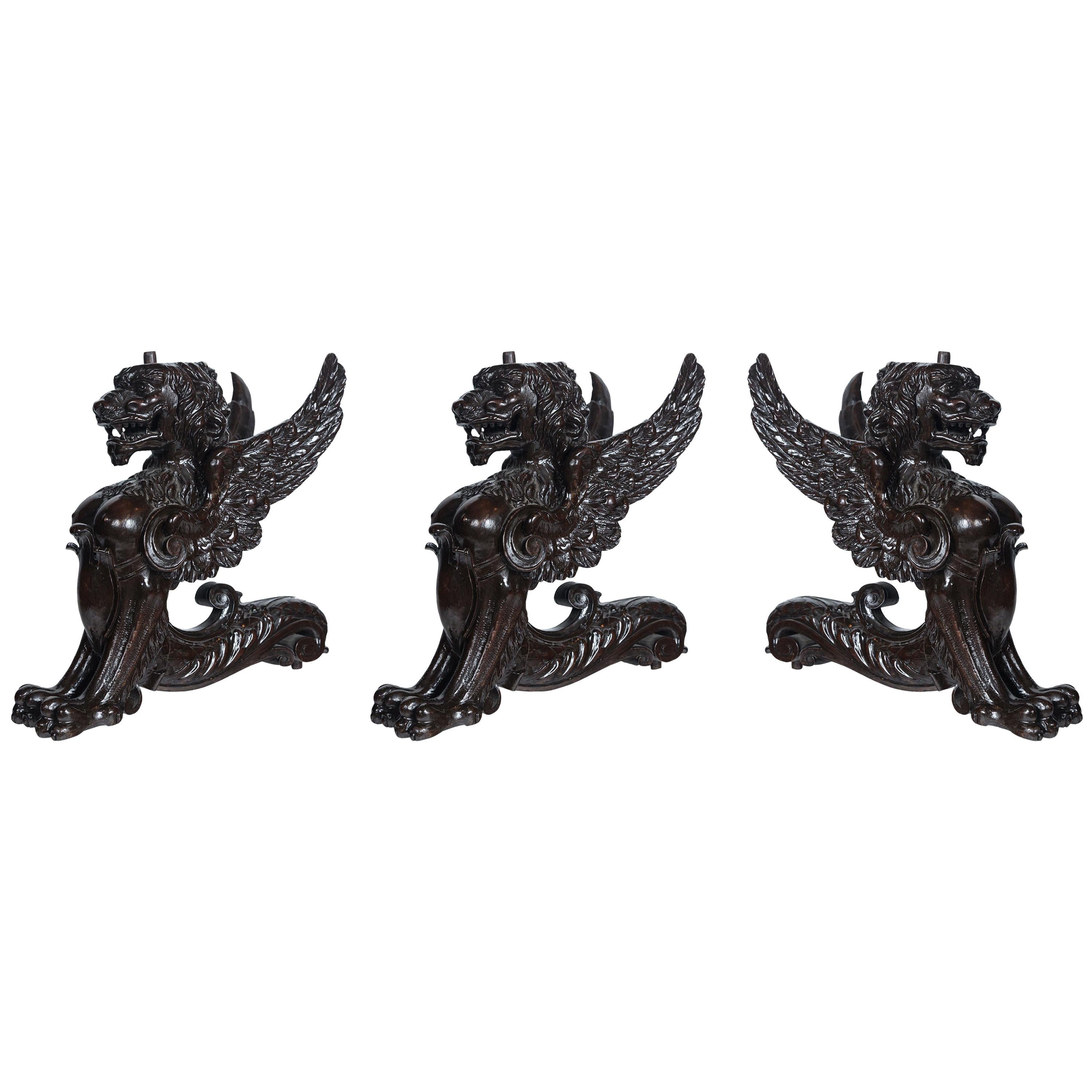Set of 3 Carved Wood Winged Lions For Sale