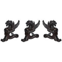 Set of 3 Carved Wood Winged Lions