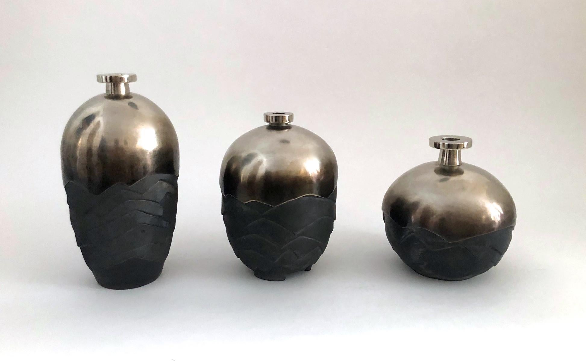 Set of 3 Ceramic and Silver Plated Brass Vases Signed by French Artist Wagenaar In Excellent Condition In Paris, FR