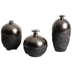 Set of 3 Ceramic and Silver Plated Brass Vases Signed by French Artist Wagenaar