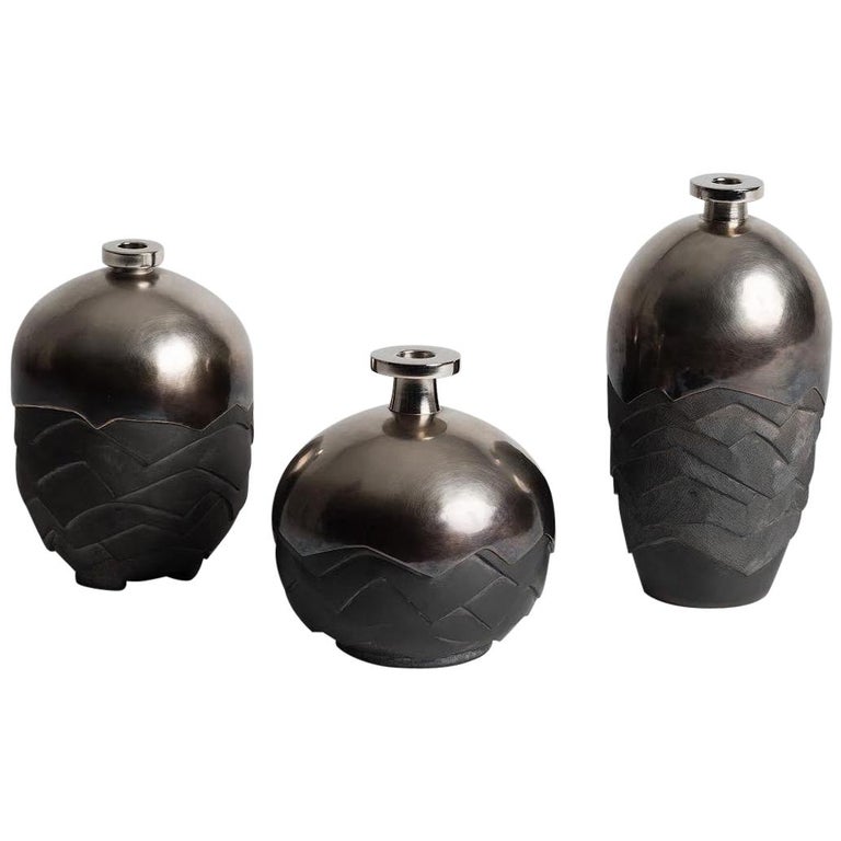Set Of 3 Ceramic And Silver Plated Brass Vases Signed By French