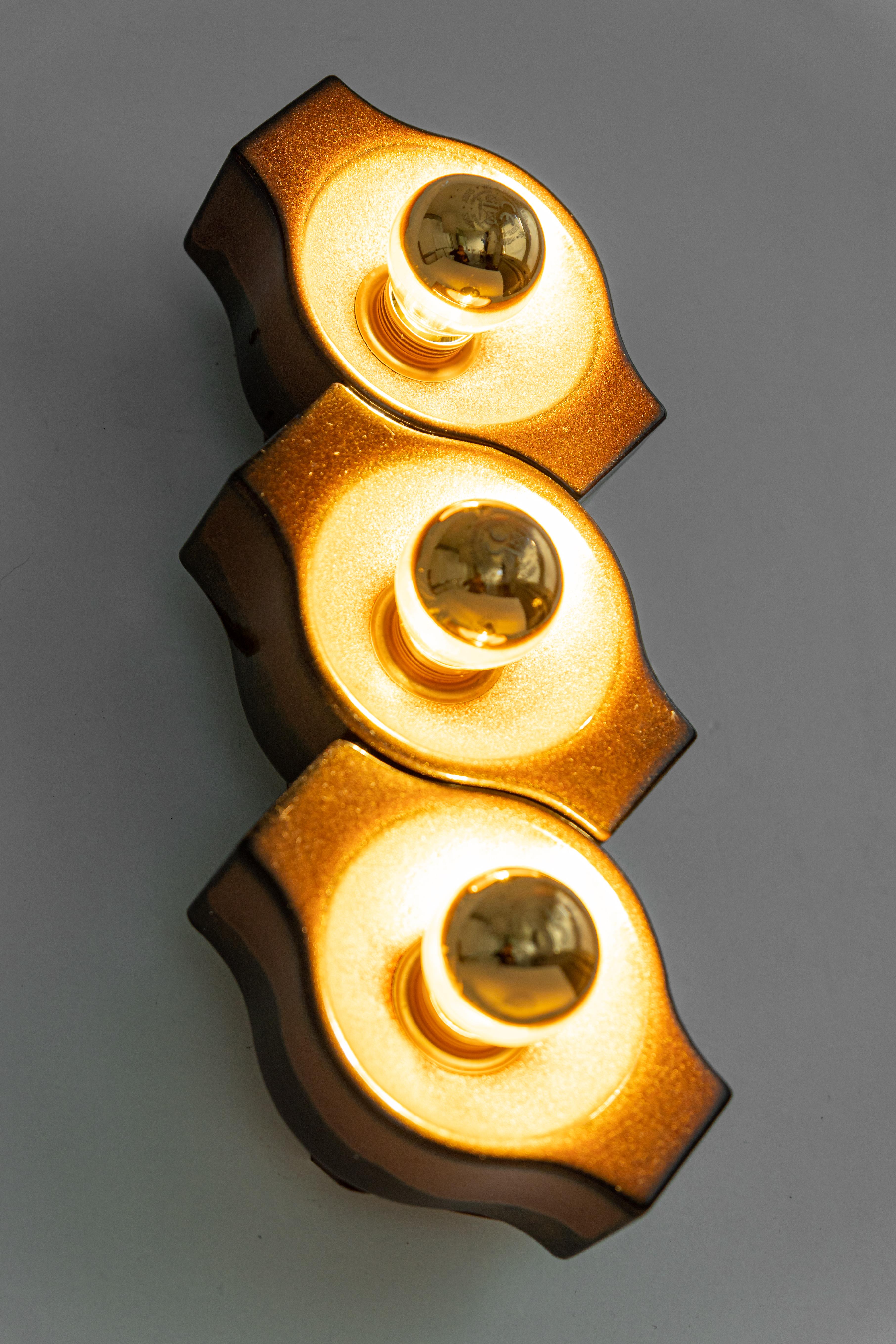 Set of 3 Ceramic Brown Wall Light Sputnik, Germany, 1970s For Sale 6