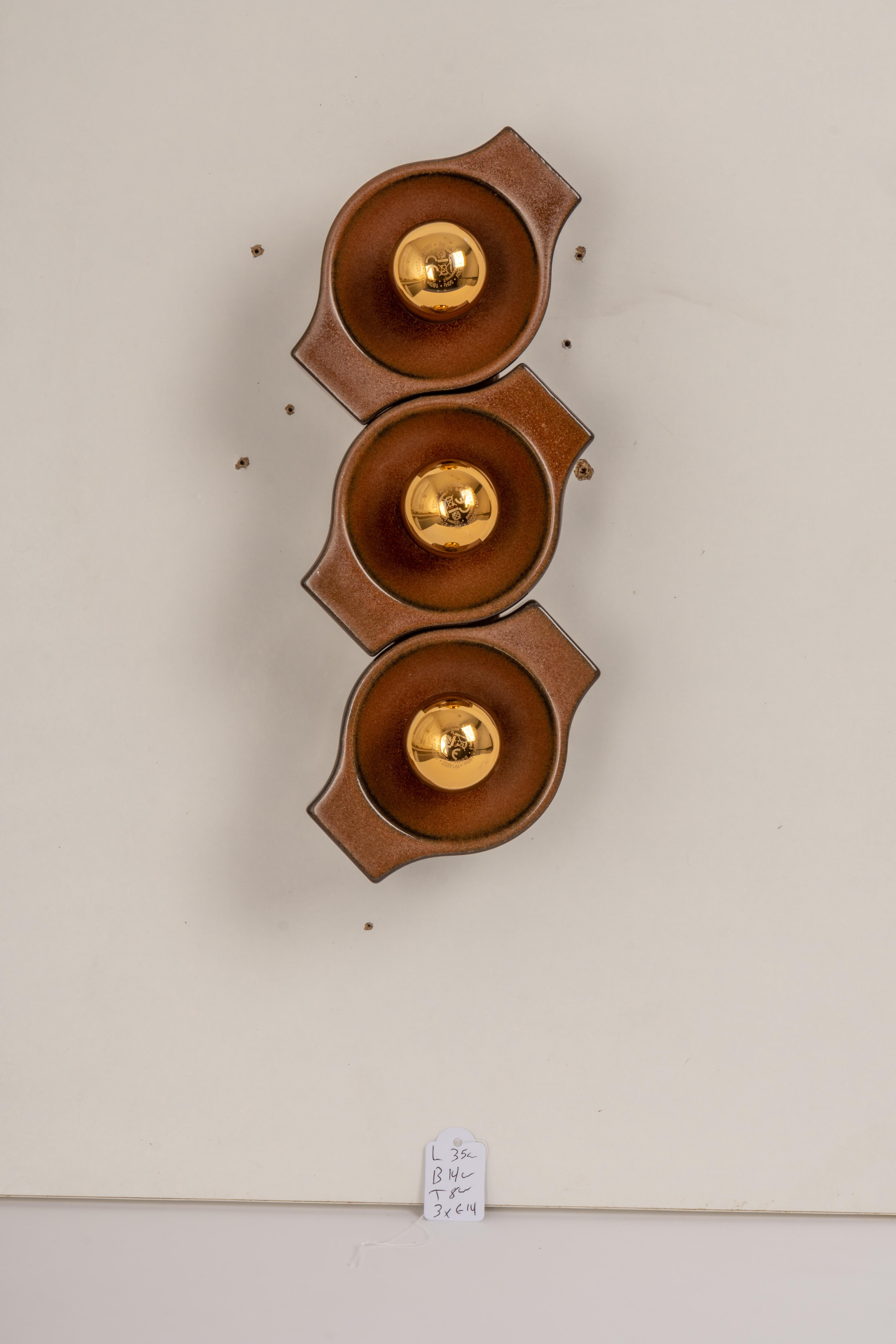 Mid-Century Modern Set of 3 Ceramic Brown Wall Light Sputnik, Germany, 1970s For Sale