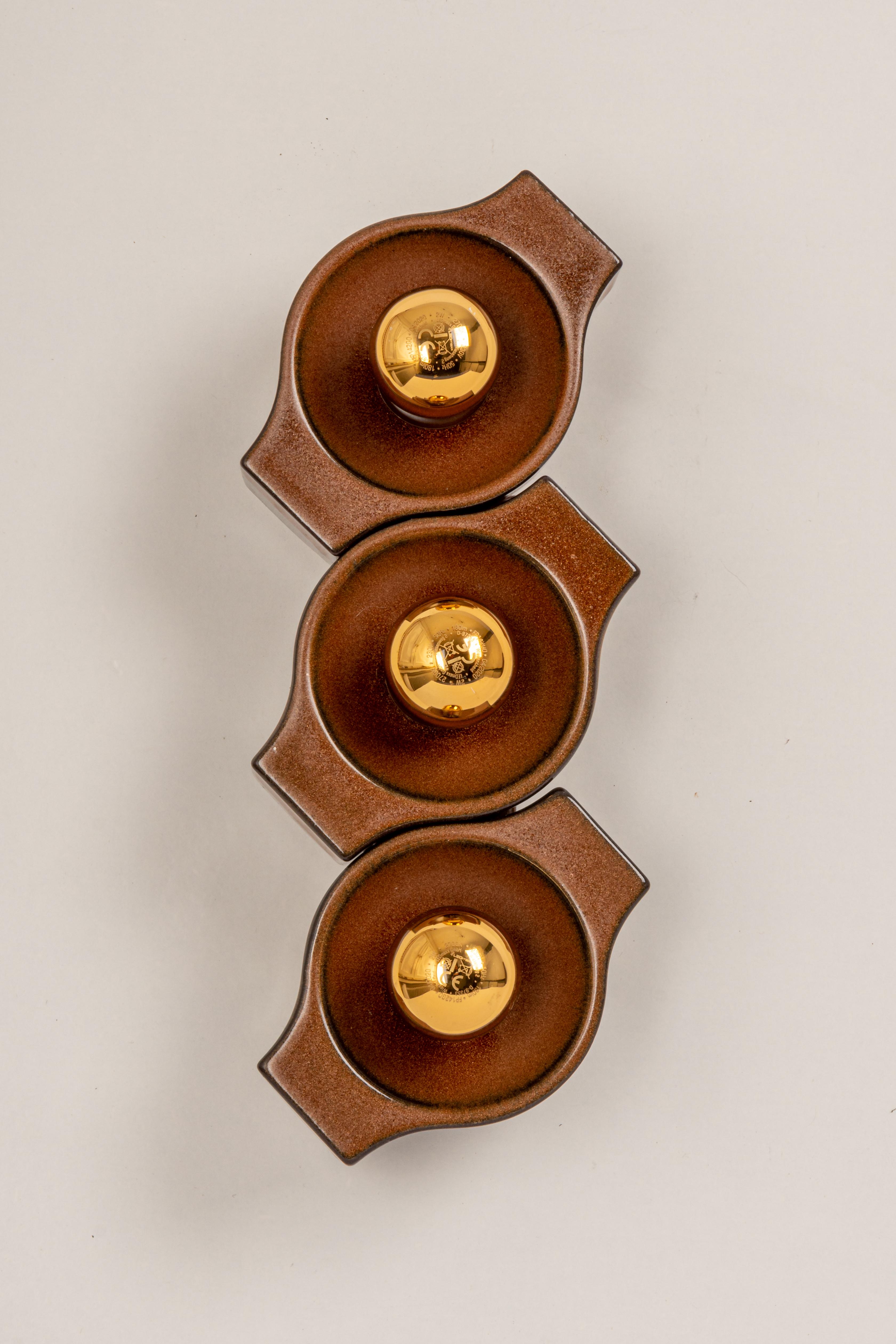 Set of 3 Ceramic Brown Wall Light Sputnik, Germany, 1970s In Good Condition For Sale In Aachen, NRW